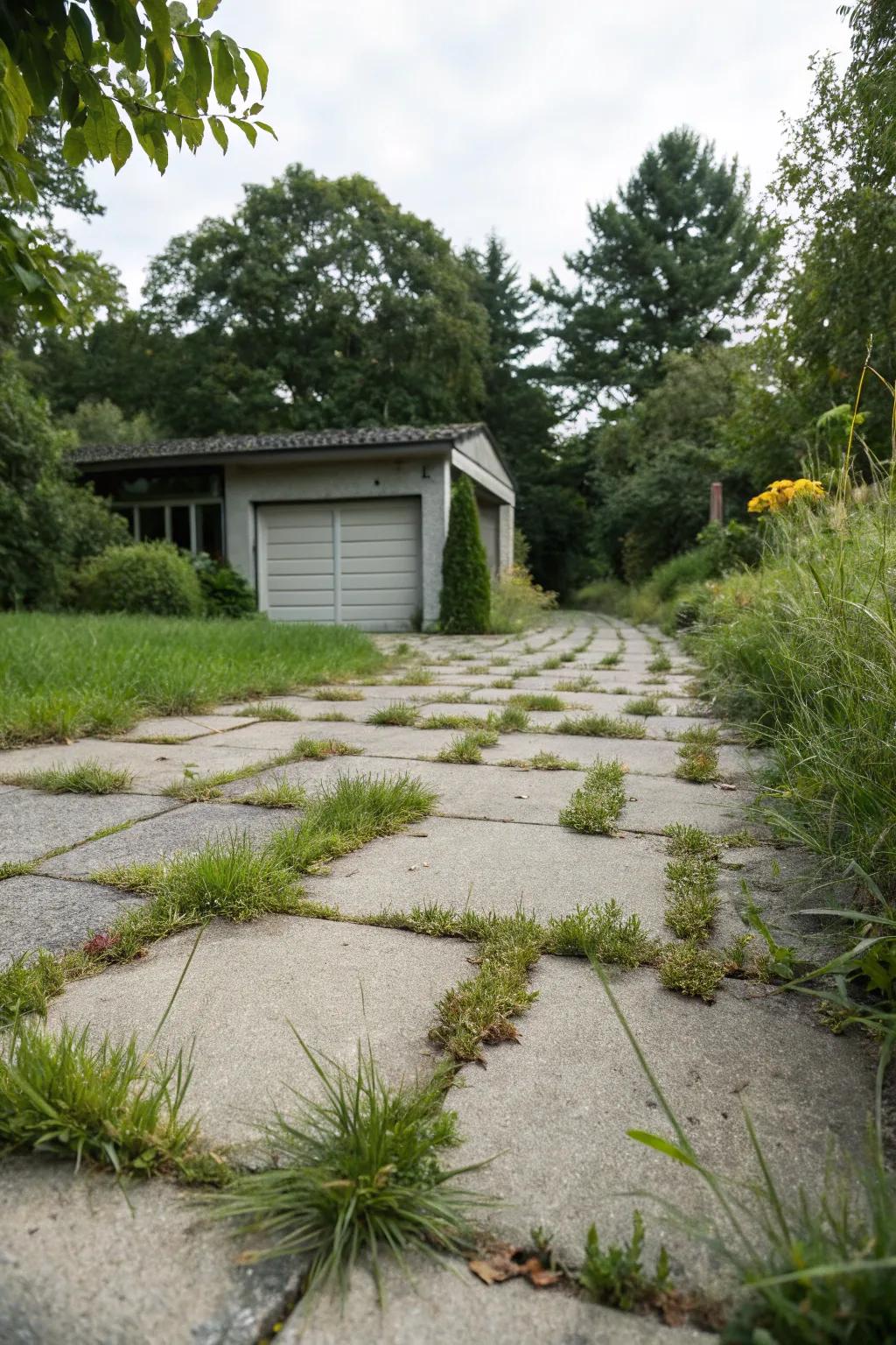 A verdant haven driveway mixing nature with structure.