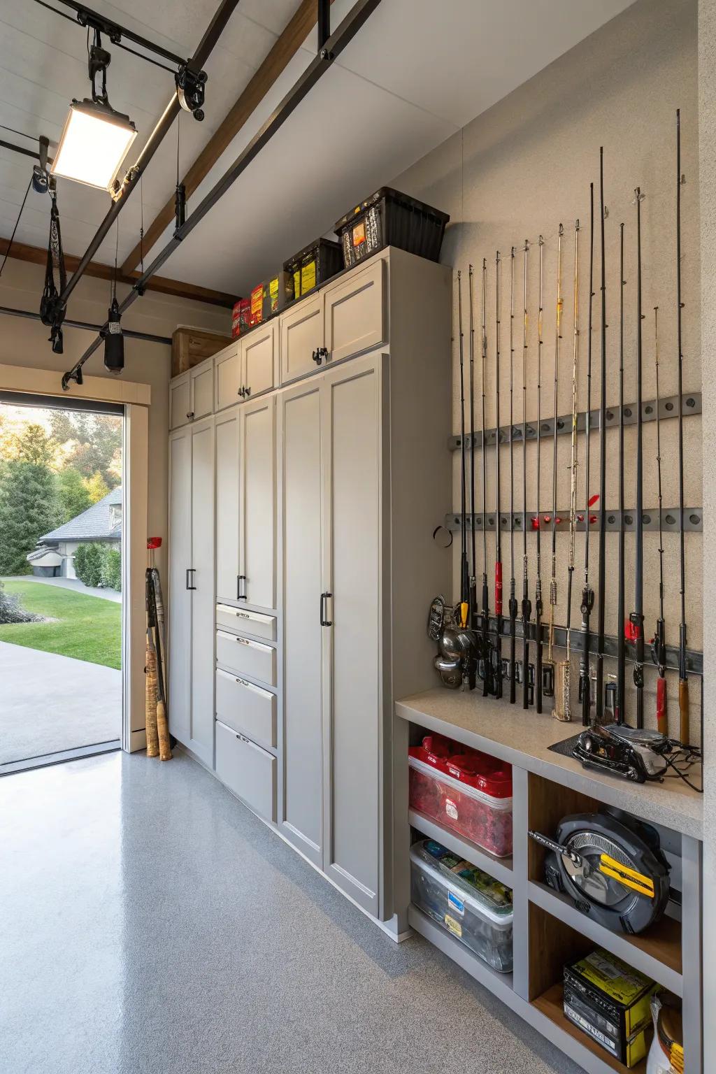 Do-it-yourself cabinets provide a tailored storage option for arranging fishing gear in style.