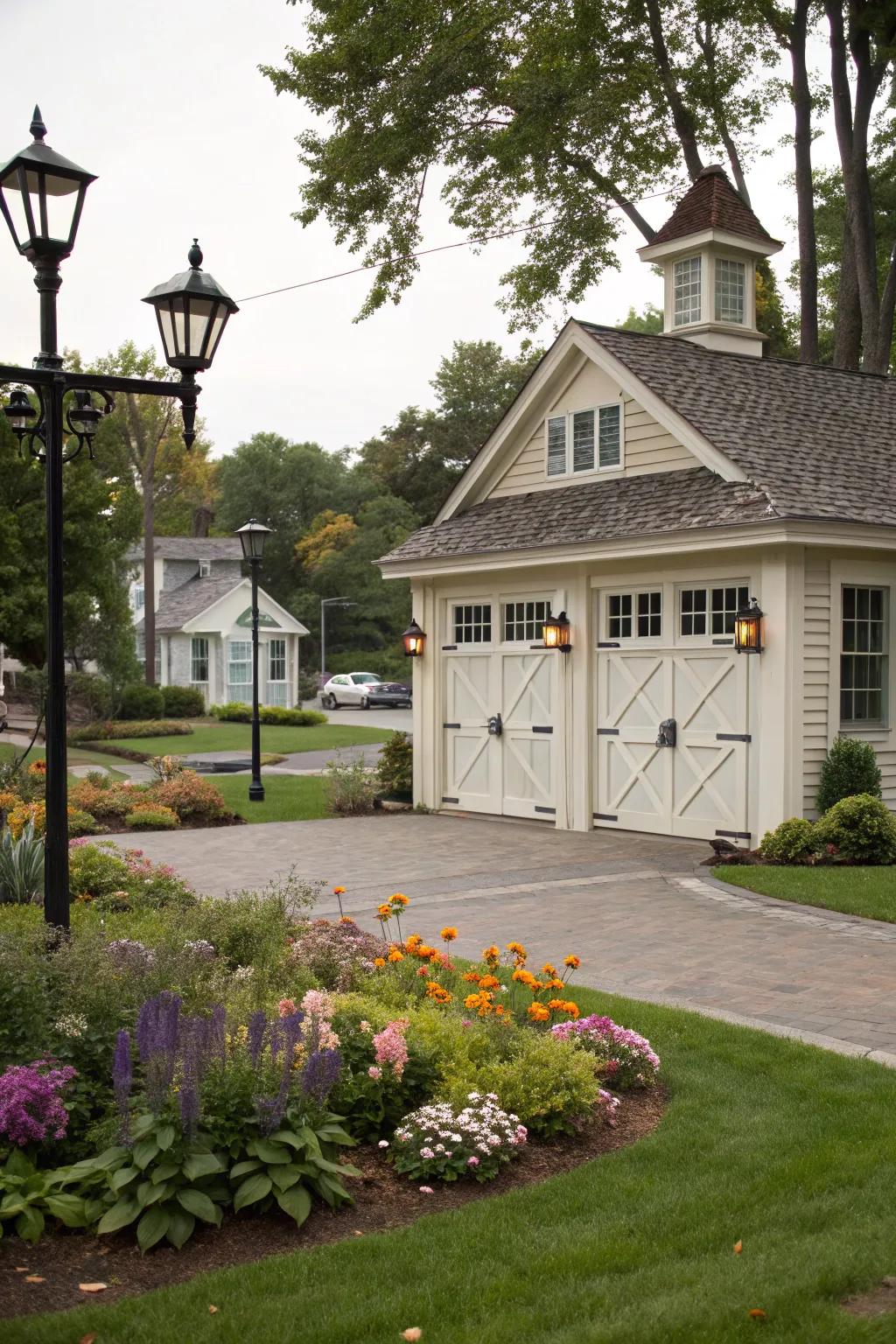 A classic gate design style garage entrance with elegant trim.