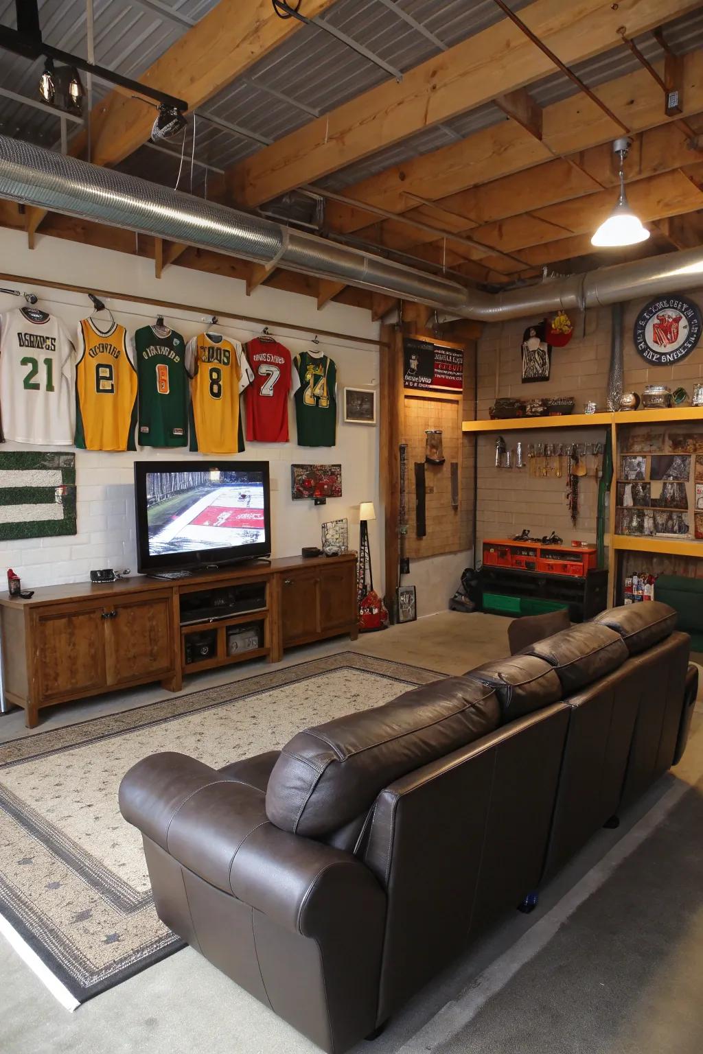 Design the best hangout space in your garage with a large TV and themed decor.
