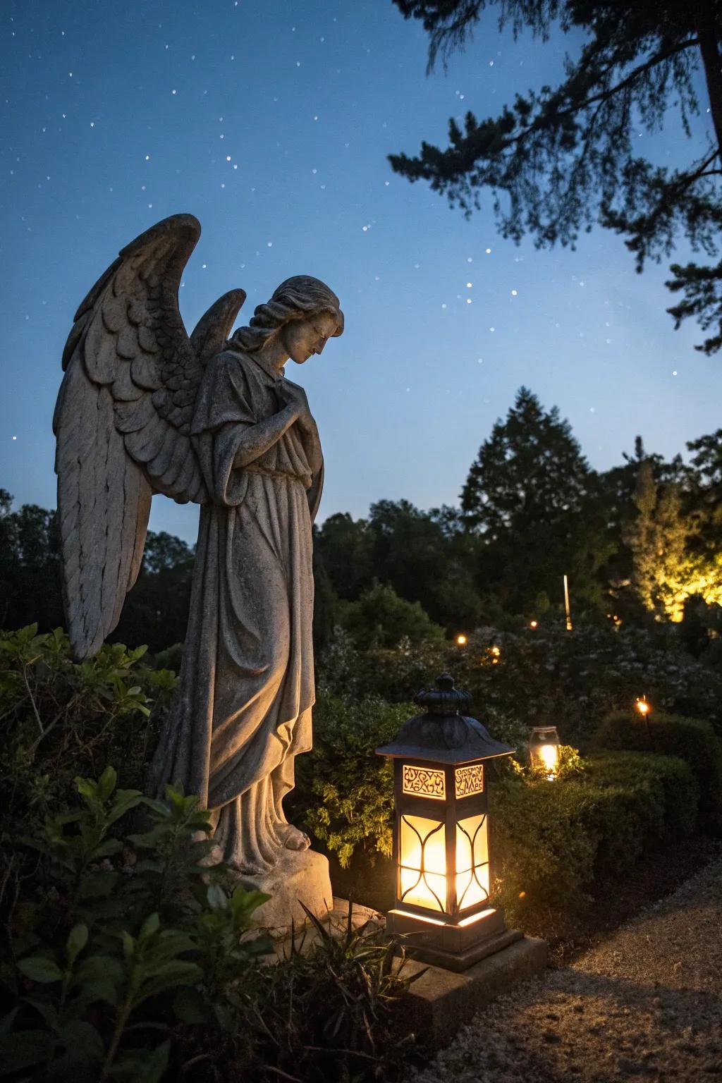 Angel with lantern projecting a warm glow in the garden.
