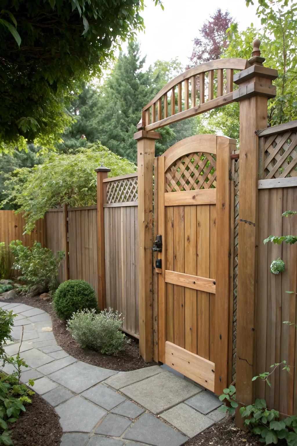 Sturdy wood door ensures solitude within your garden getaway.