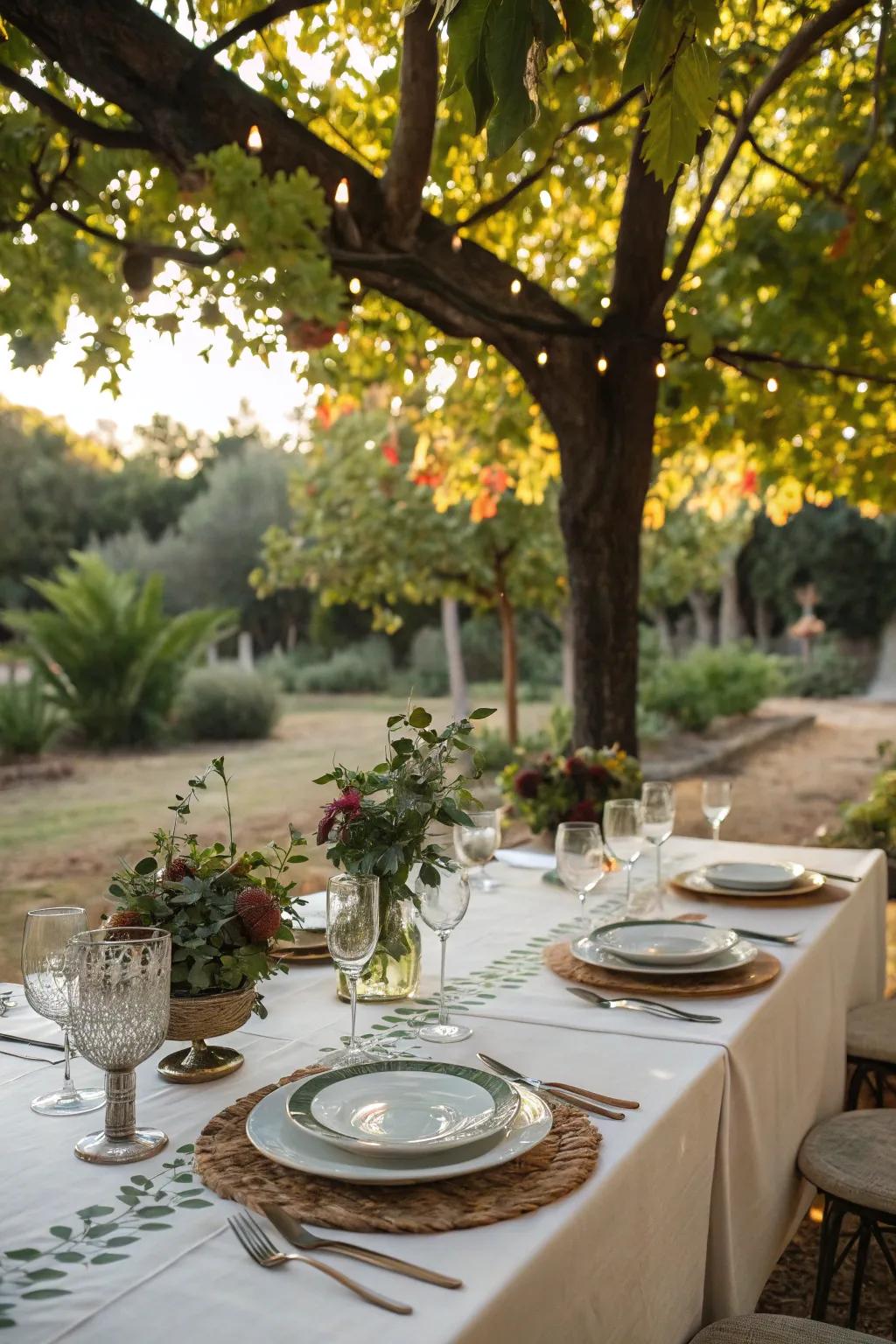 An attractive outdoor dining arrangement is set up under the shade of trees.