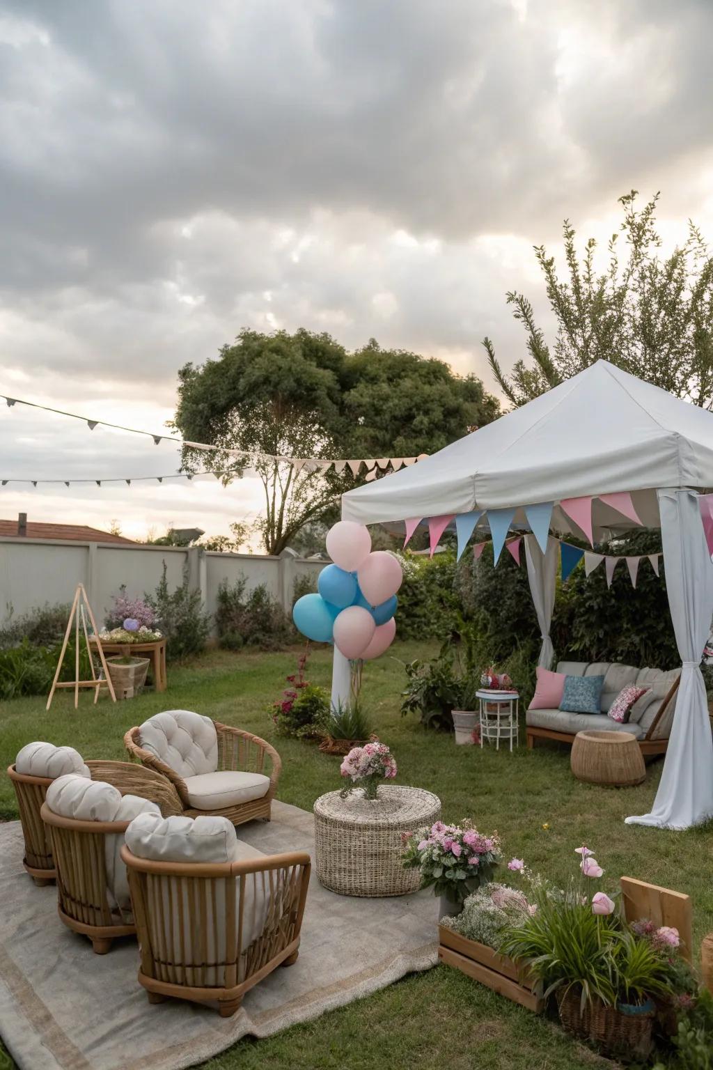 An alluring outdoor arrangement designed for a gender reveal celebration.