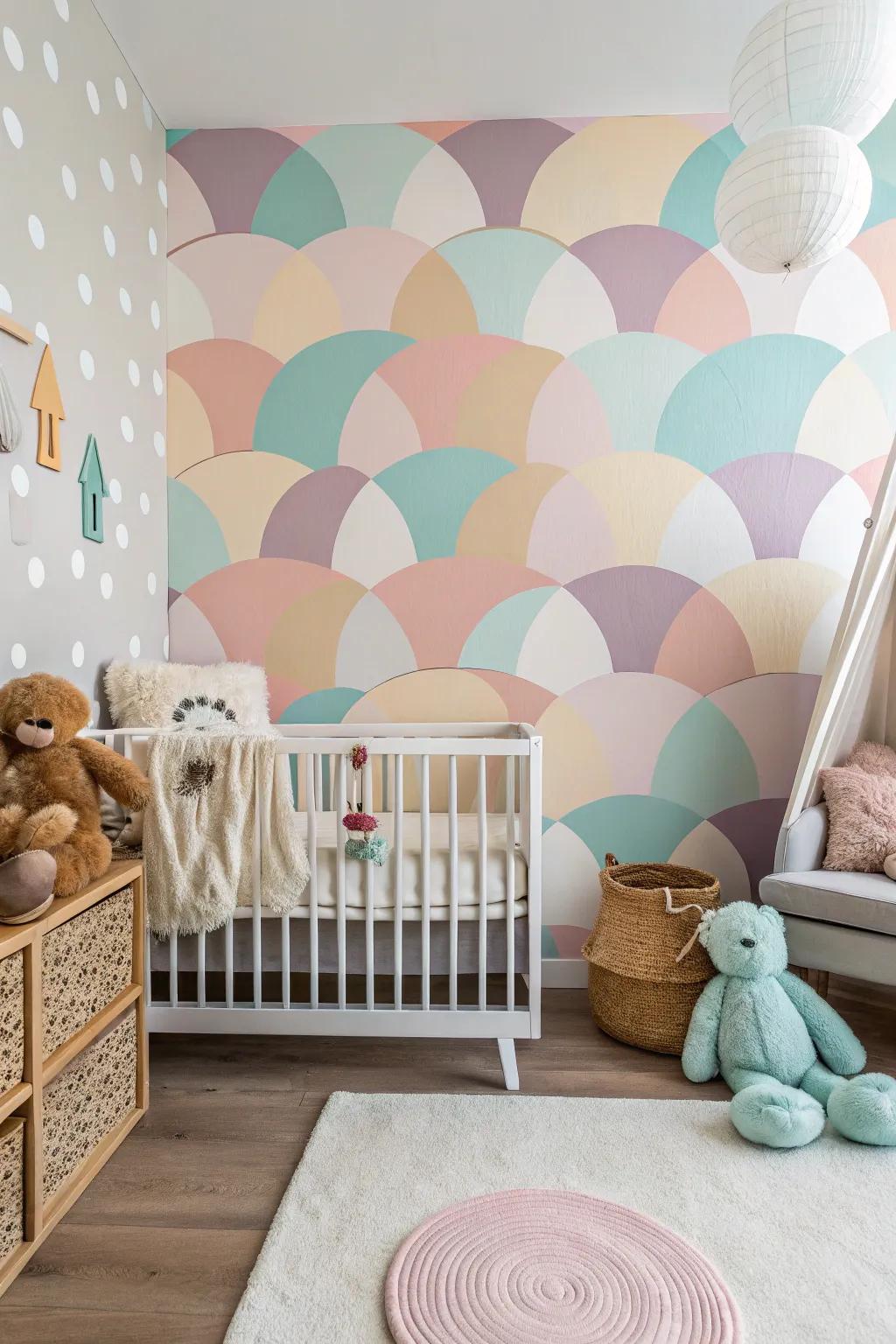 A nursery featuring soothing circular geometric wall designs.