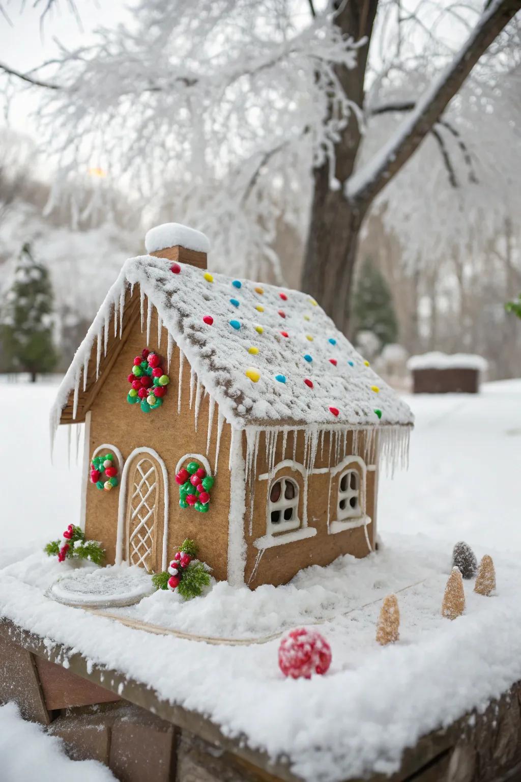 A gingerbread house showcasing sophisticated frosting spikes.