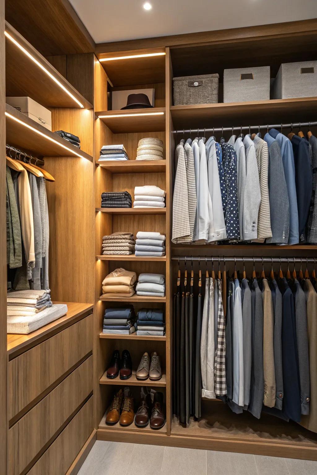Your wardrobe is easily accessible with open shelves.