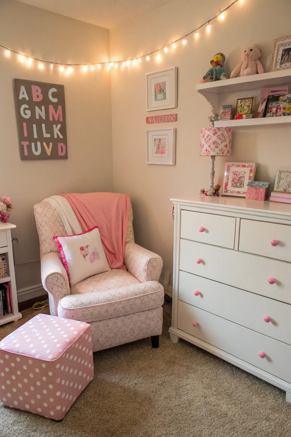 Themed furnishings with rose accents enhance the room's design.
