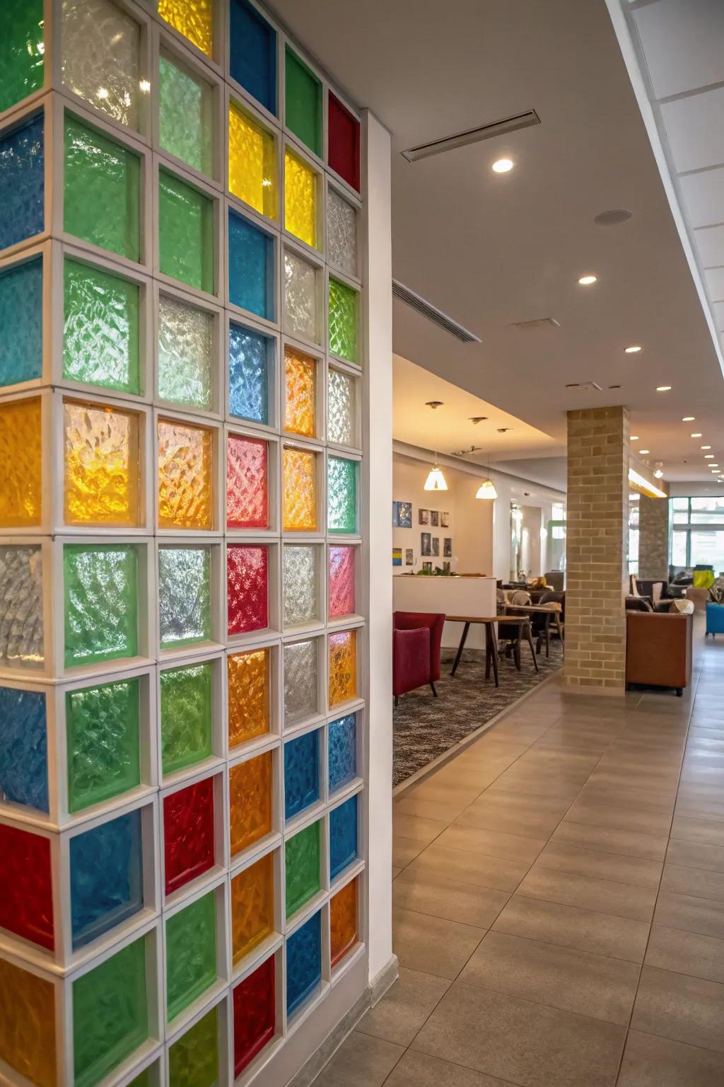 An interior that features a colorful crystal cube wall, which gives a fun and bright touch.