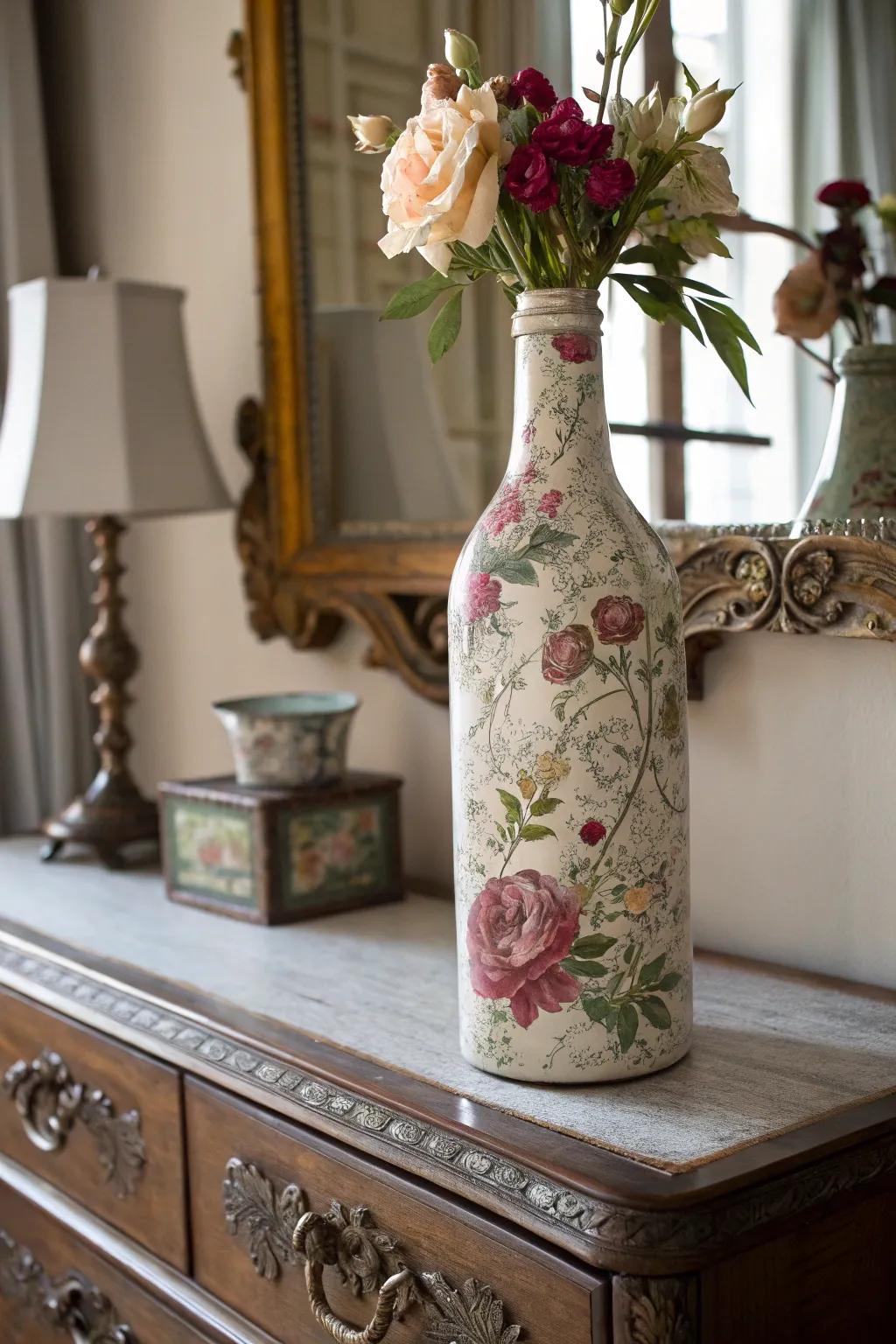 A decoupage bottle showcasing vintage floral elegance.