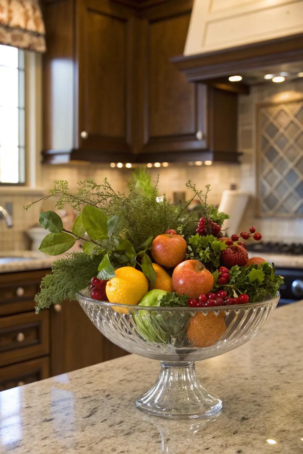 A lively blend of fruits and greenery in a glass bowl.