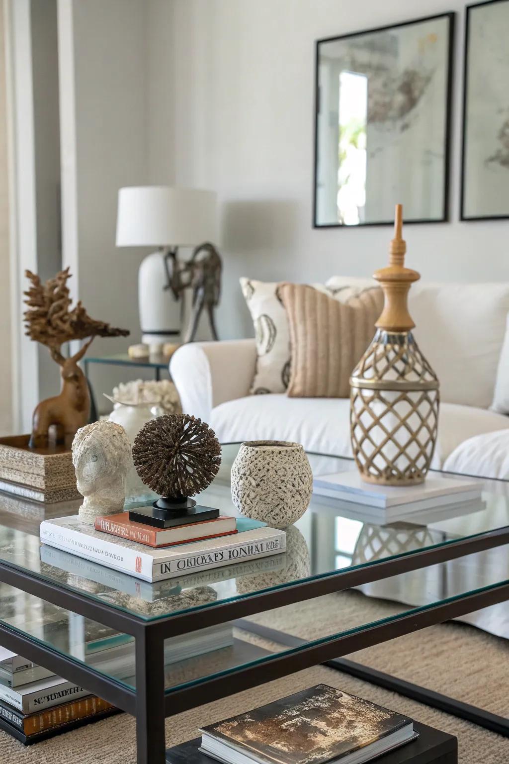 Sculptural design adds a personal touch to your see-through coffee table.