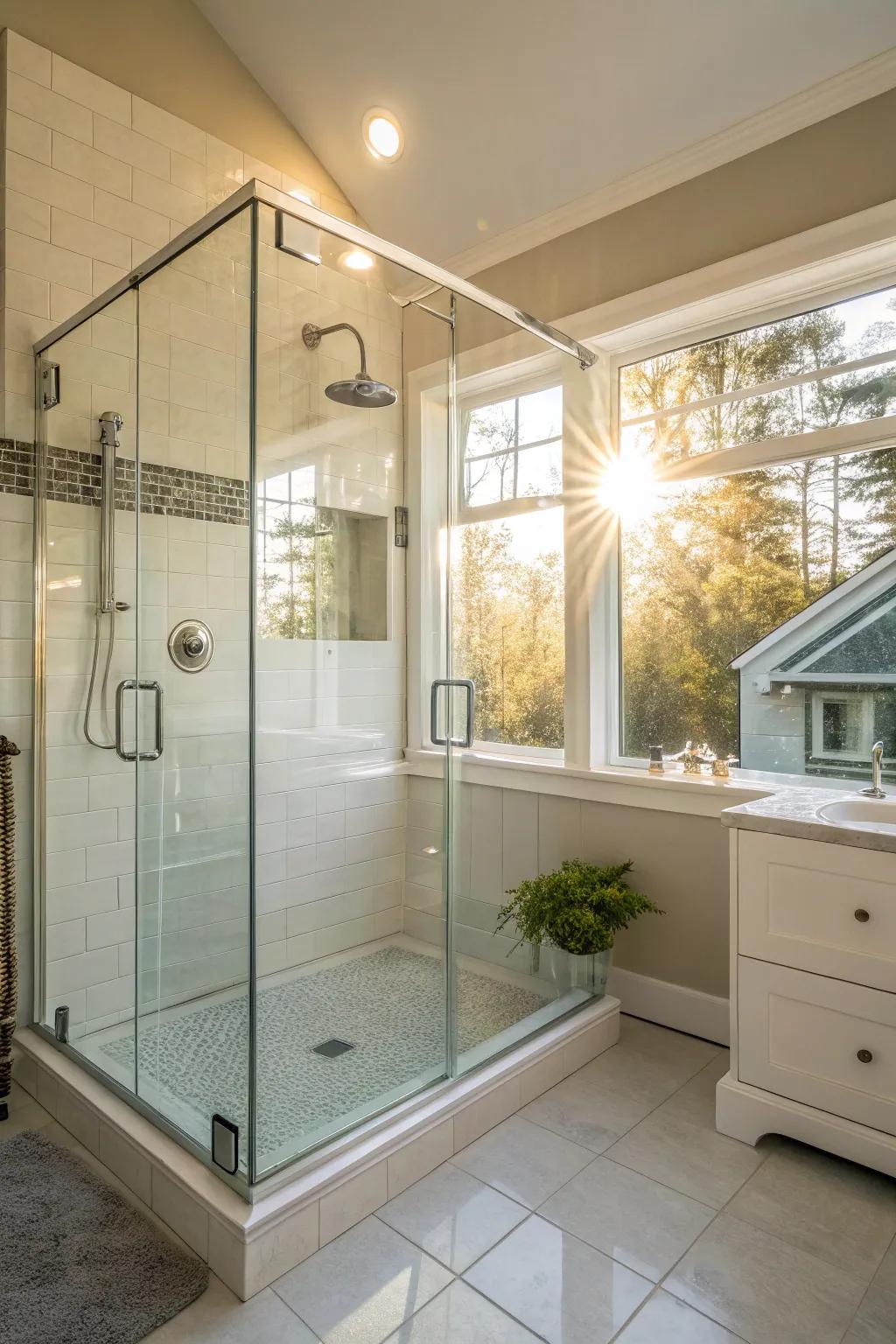 Sunlight improves the transparency and openness of a glass shower.