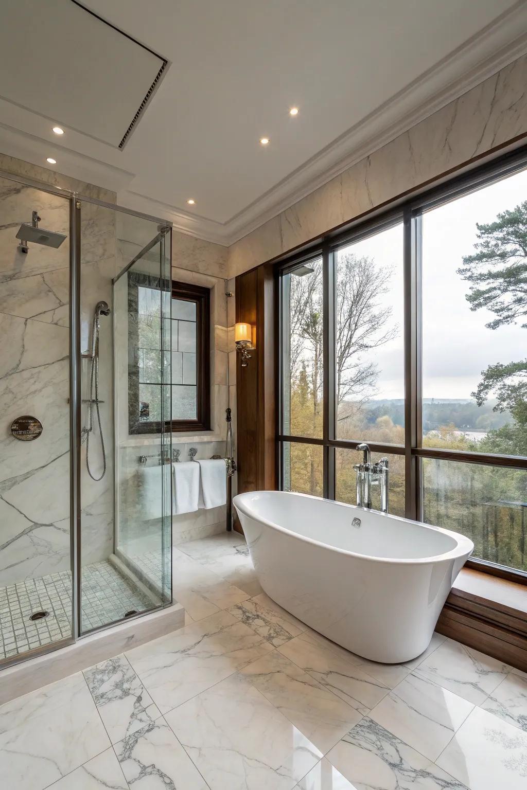 Merge extravagance and practicality through a tub and glass shower ensemble.