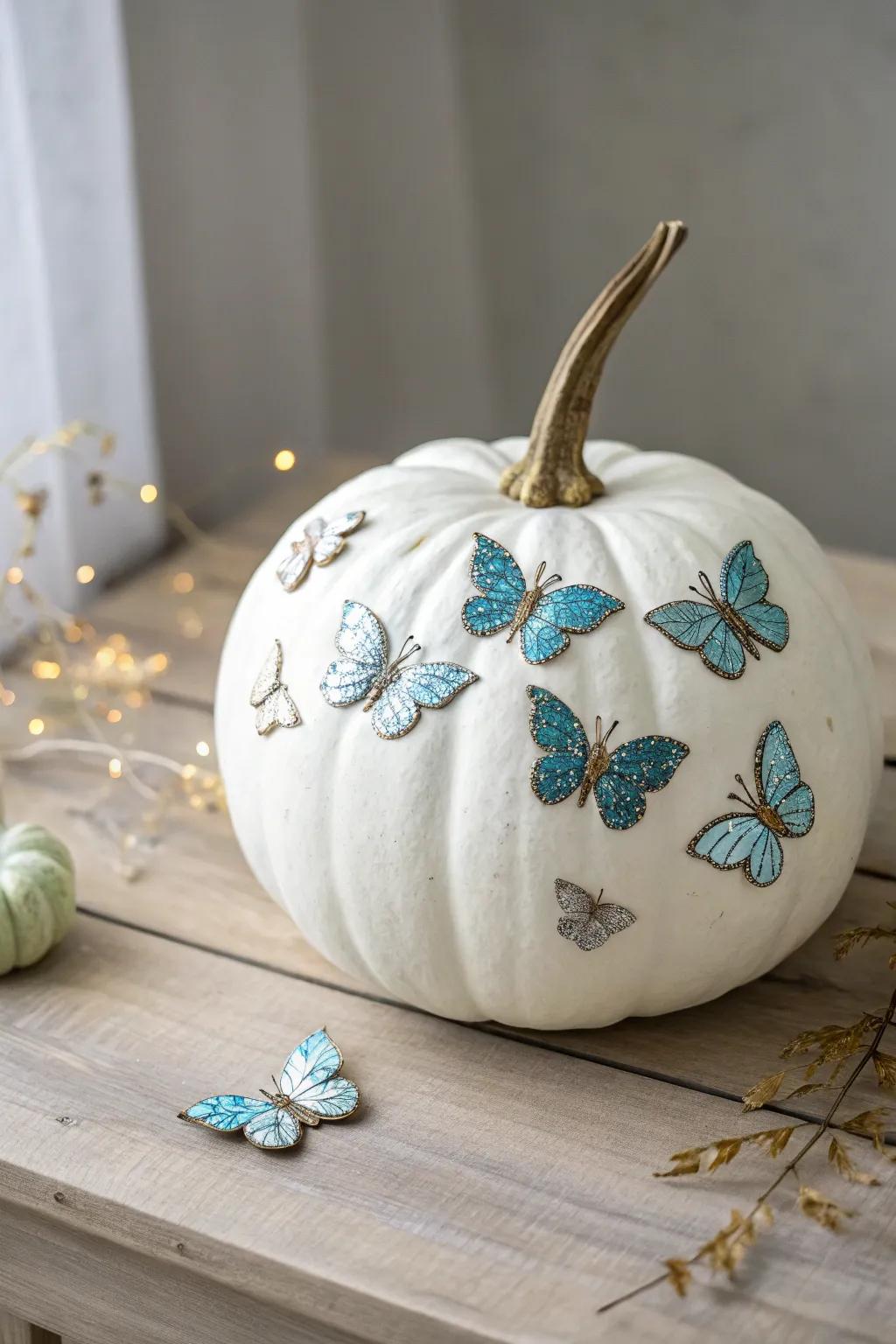 Transform your pumpkin into a whimsical masterpiece with glitter butterflies&mdash;simplicity meets enchantment.