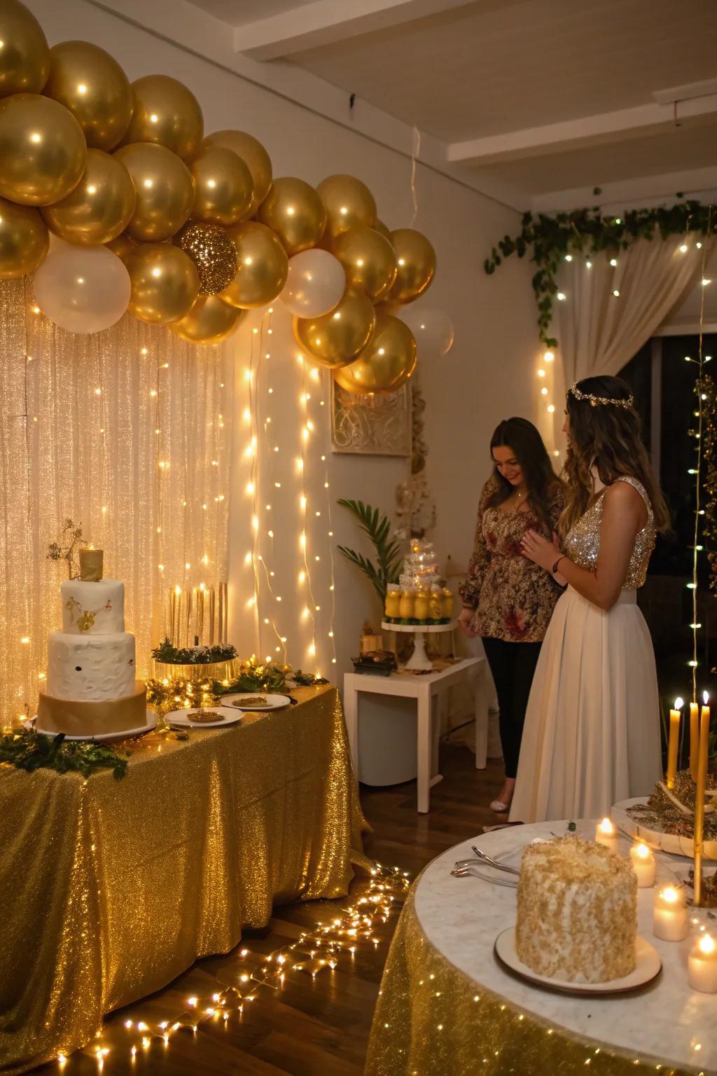 Miniature lights and candles craft a magical golden ambiance.