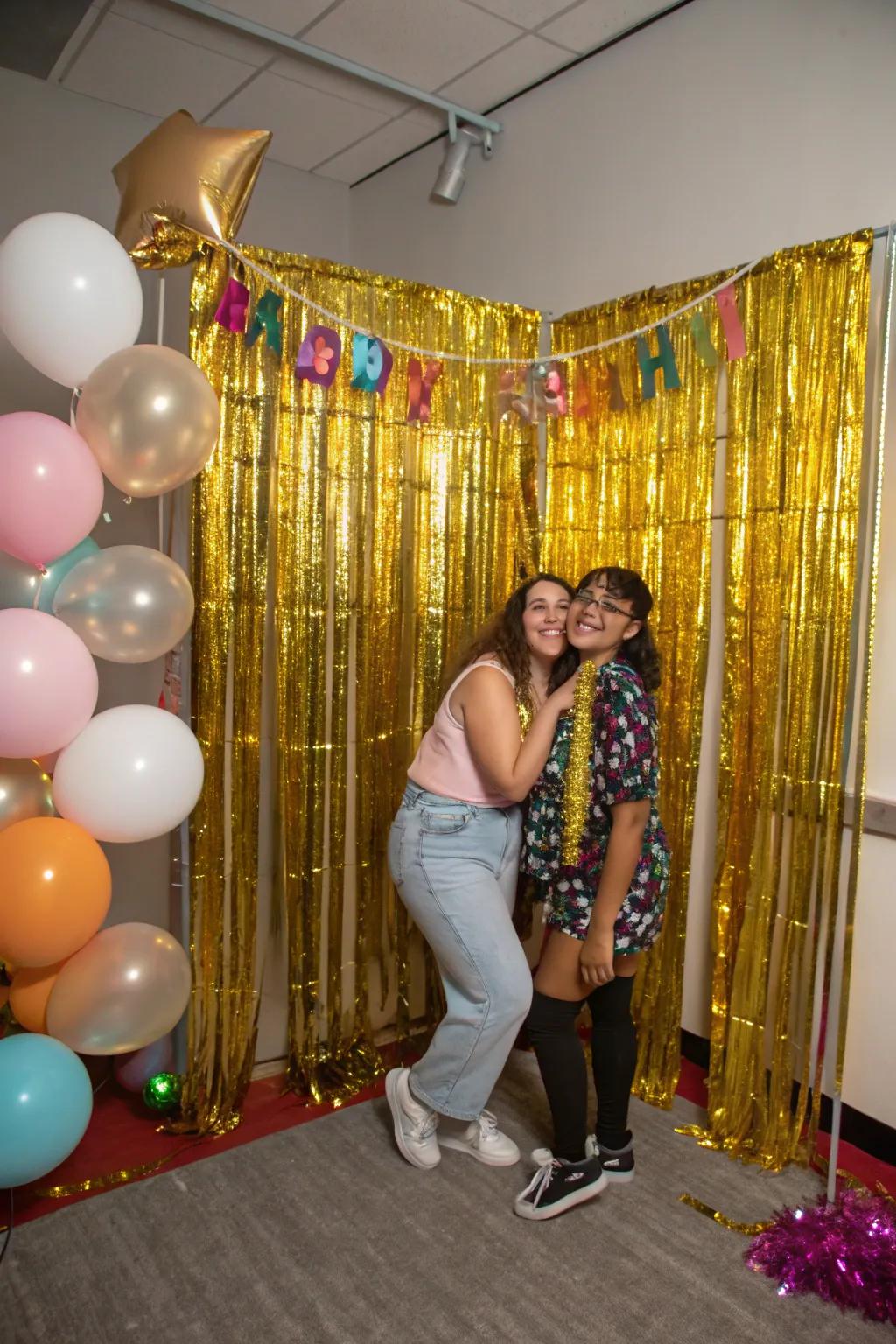 Gold foil curtains serve as an impressive and fashionable backdrop for your photo booth.