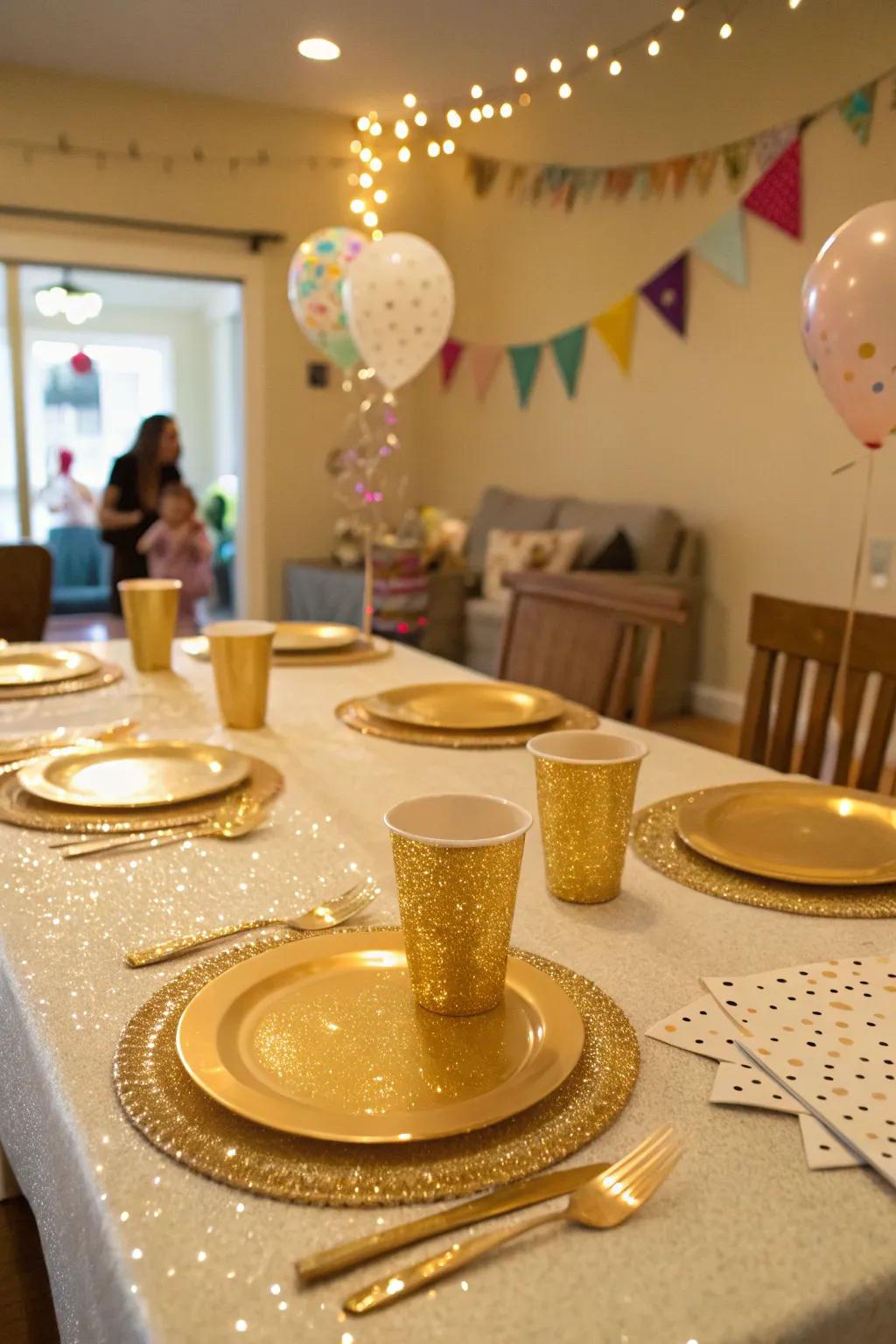 Polished gold tableware enhancing a unified party theme.
