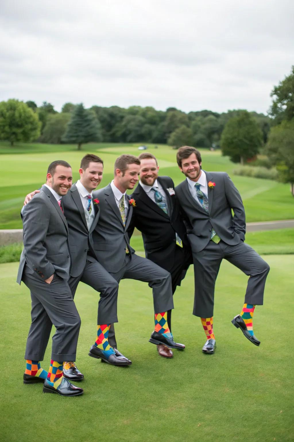 Groomsmen wear playful checked patterned socks, giving nod to golf style.