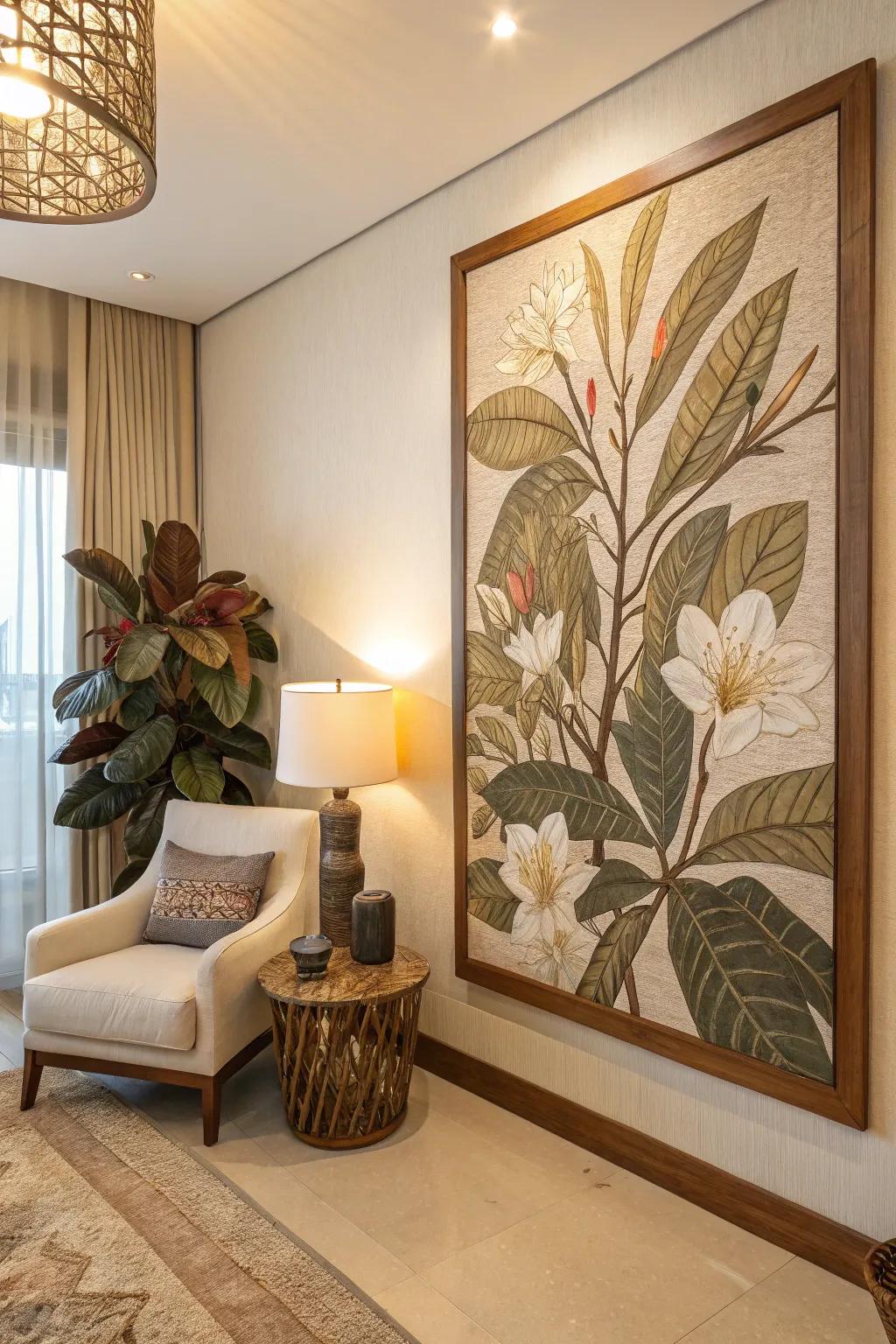 The space is given an organic touch by art inspired by nature.