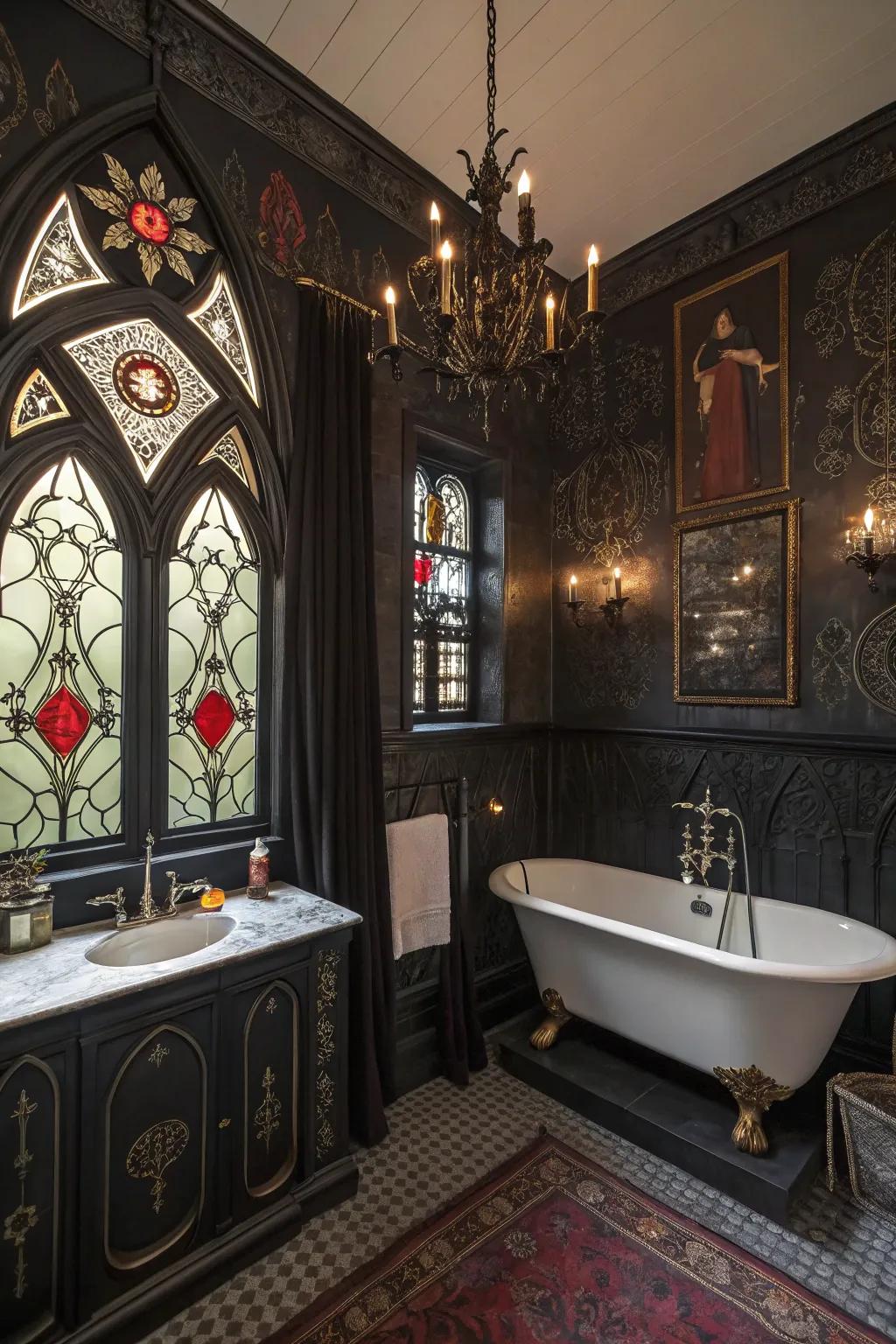 Rich decor pieces add personality and depth to the gothic bathroom.