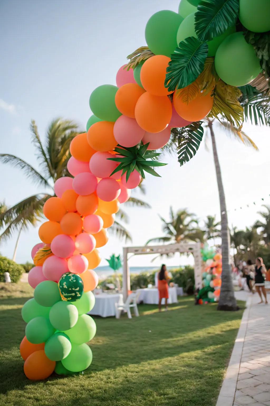 Joyful tropical-themed balloon garland for a festive atmosphere.