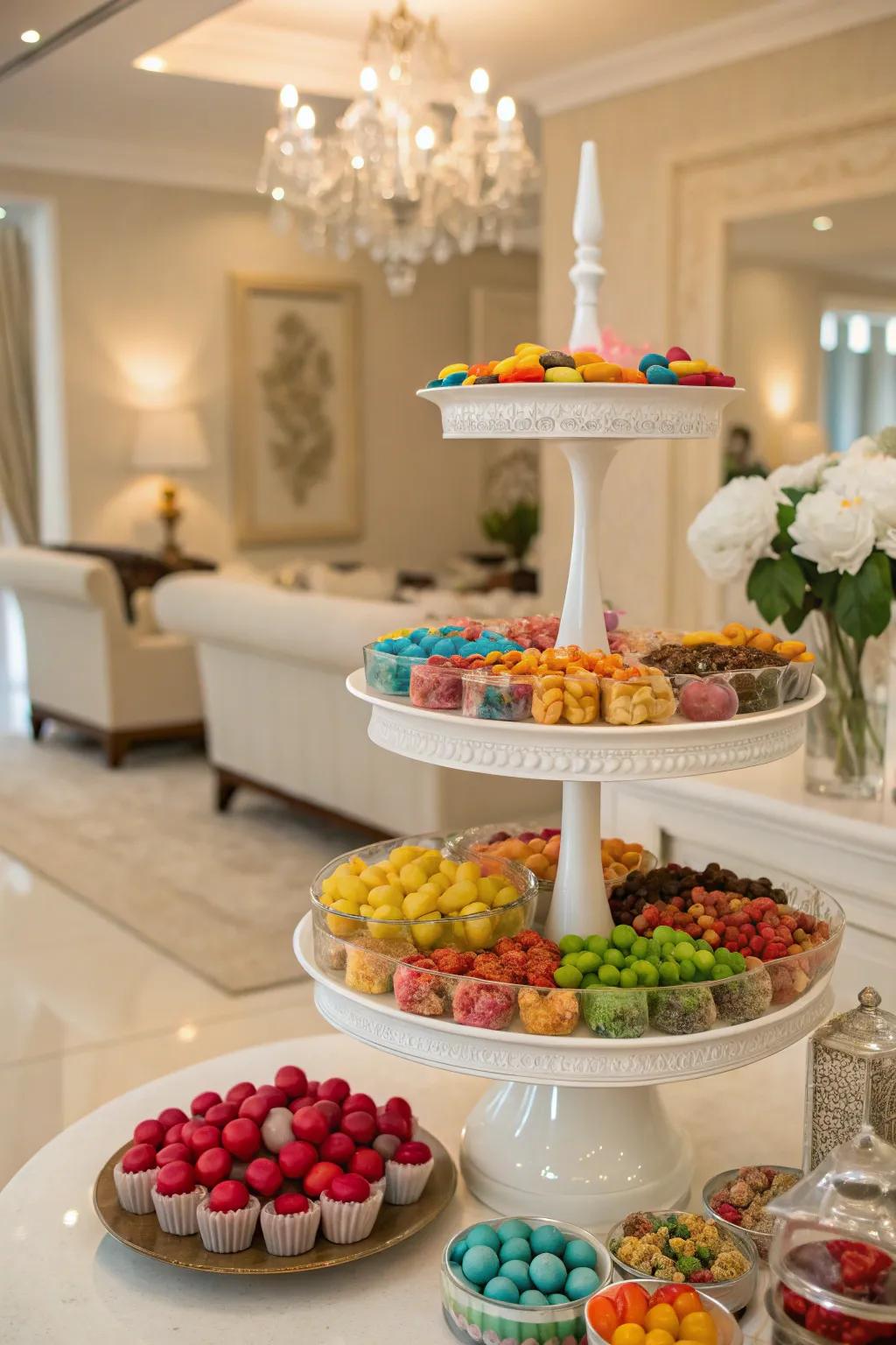 Tiered platforms infuse structure and polish into your candy showcase.