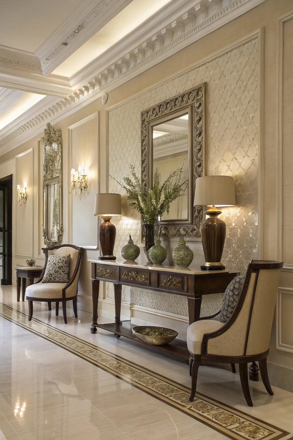 Refined furniture pieces infuse charm and sophistication into a majestic entryway.