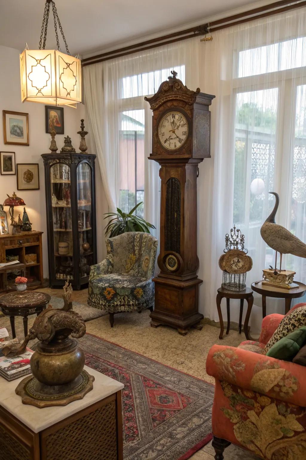 A varied arrangement with a longcase clock adds character to any space.
