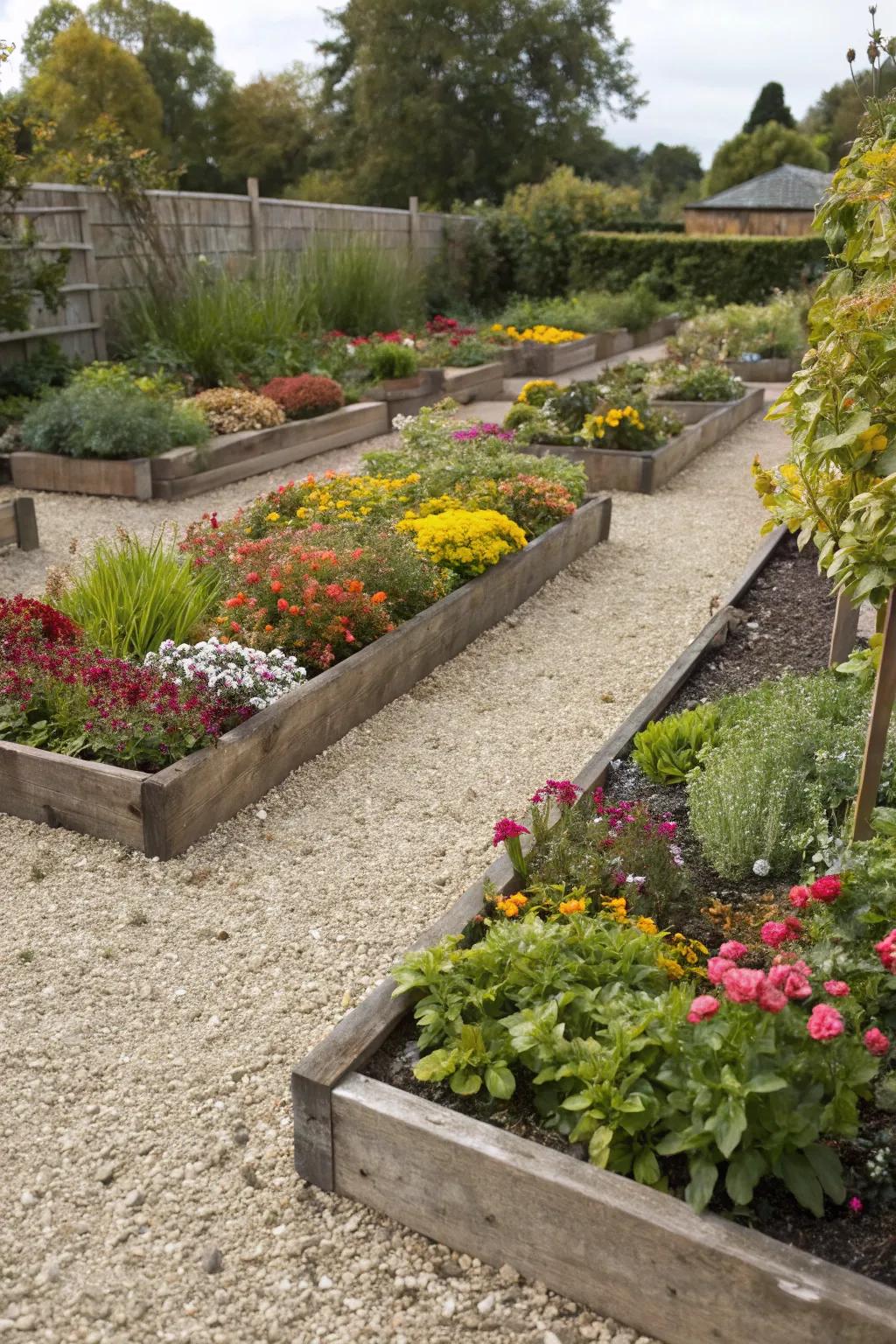 Elevated garden beds populated with pebbles and lively flora