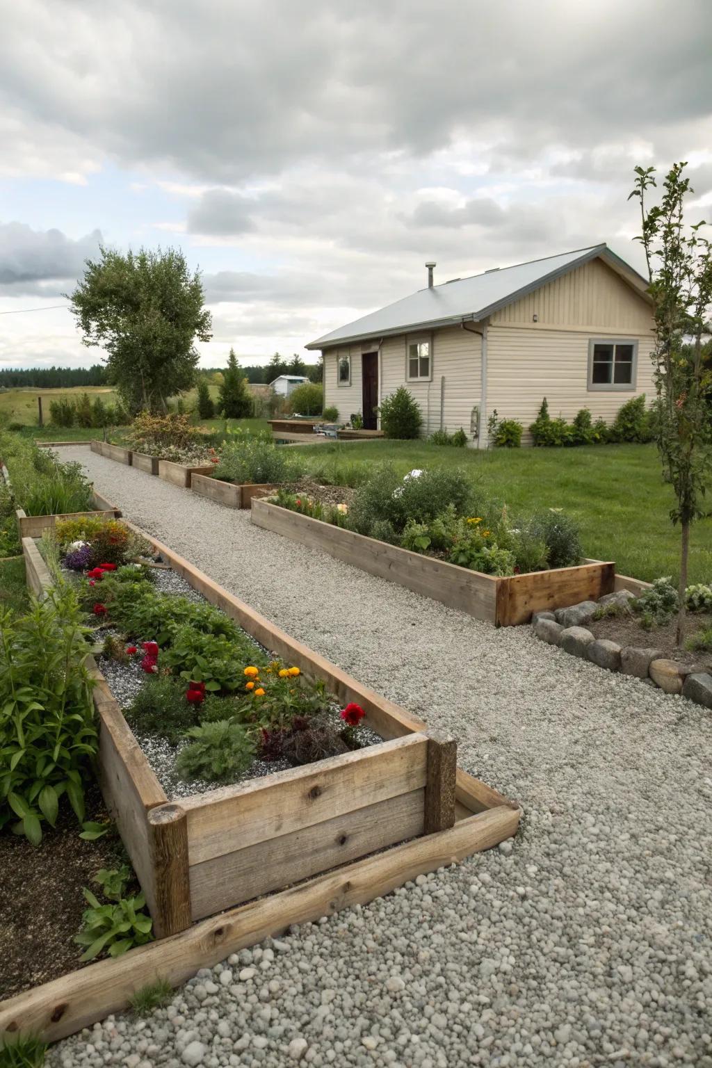 Raised planter beds add dimension to a gravel yard.