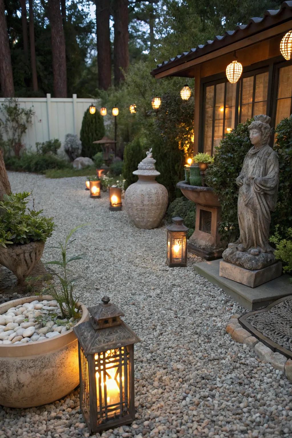A gravel patio improved using interesting decorative elements and lighting.
