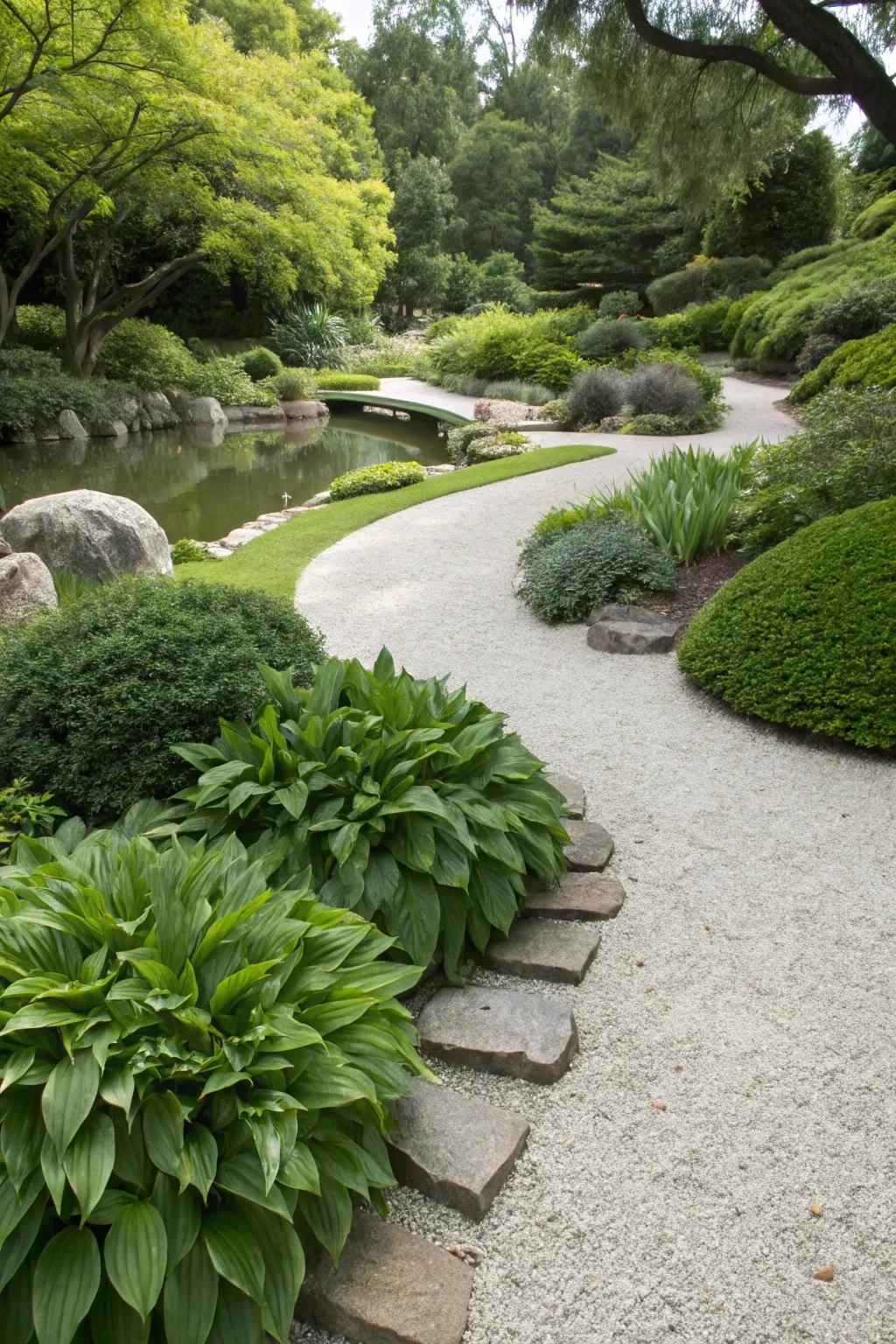A vibrant garden patch where greenery thrives in gravel.