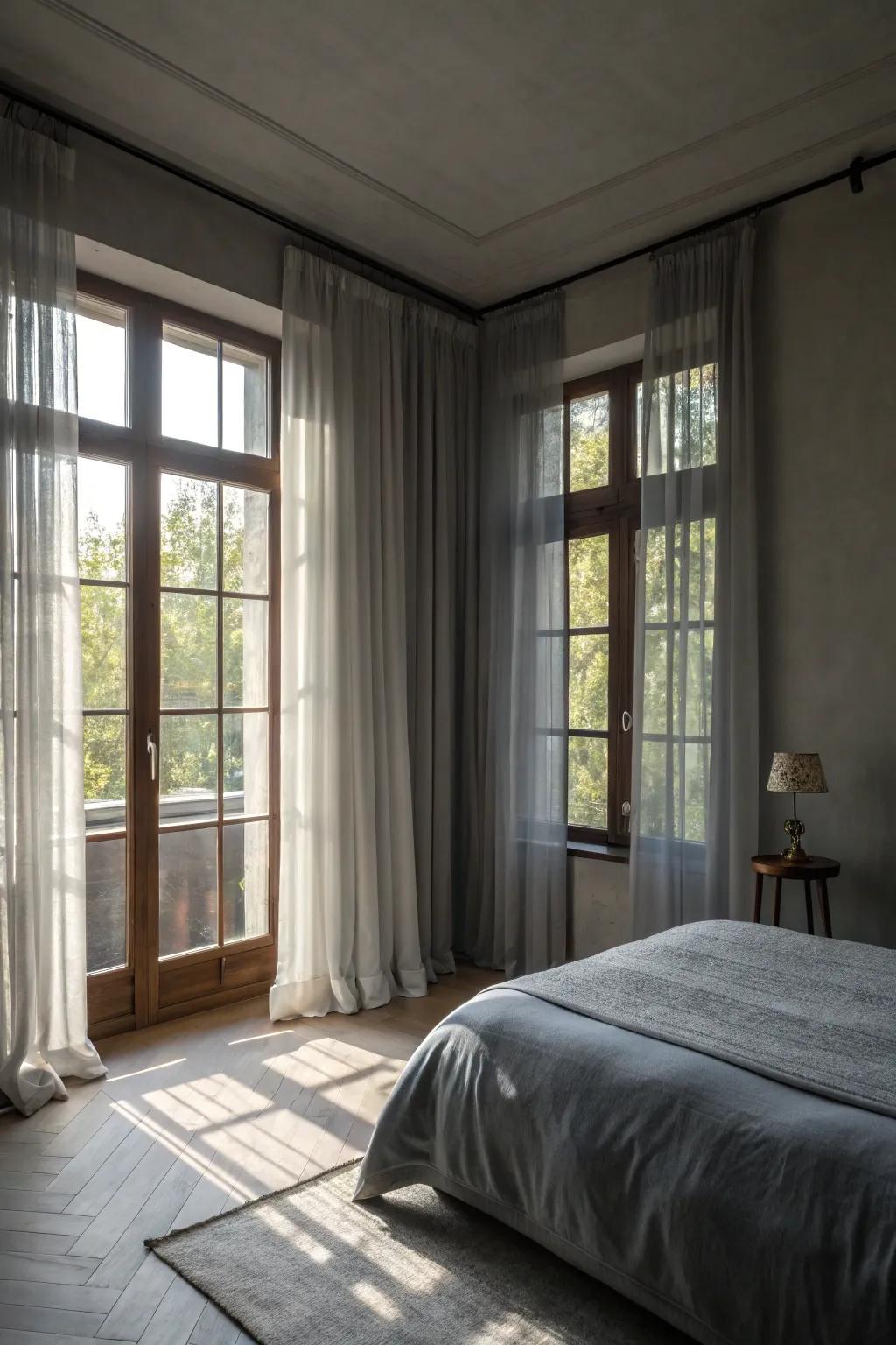 Natural light elevates the calming sensation of a gray bedroom.