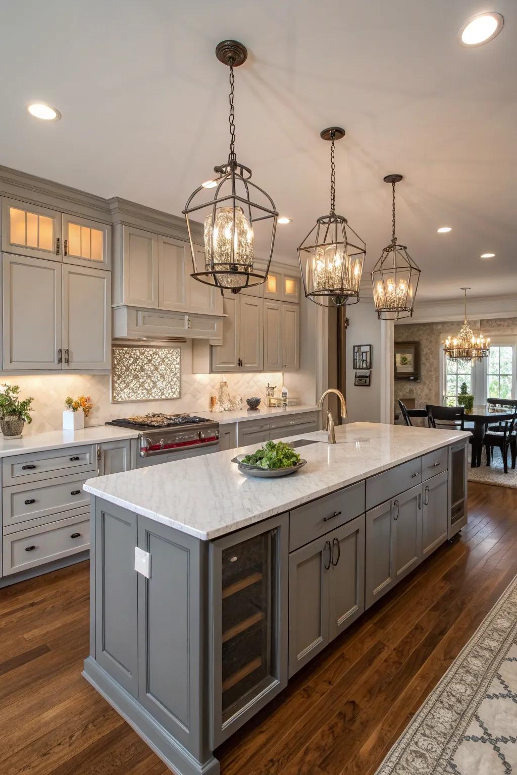 Bright lighting emphasizes the refined design of gray cabinets.