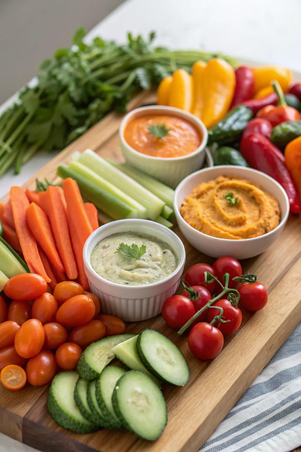 A crisp and nutritious variety of greens with scrumptious dips.