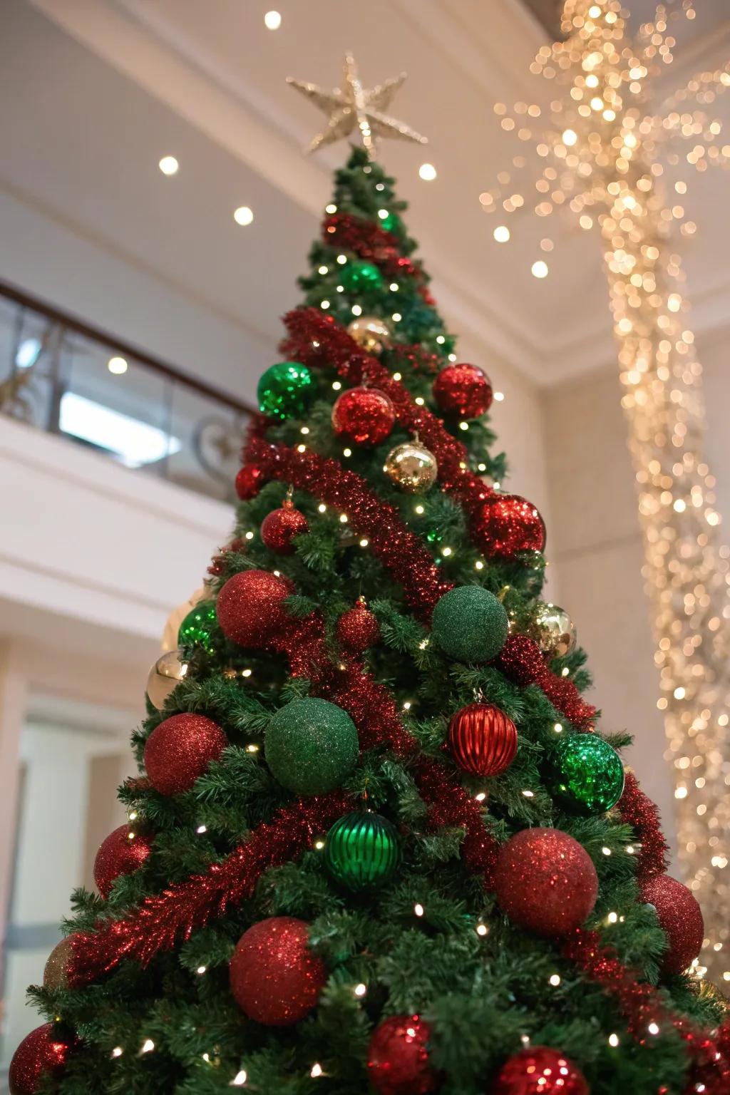 A shimmering Christmas tree adorned with crimson and emerald sequin decorations.