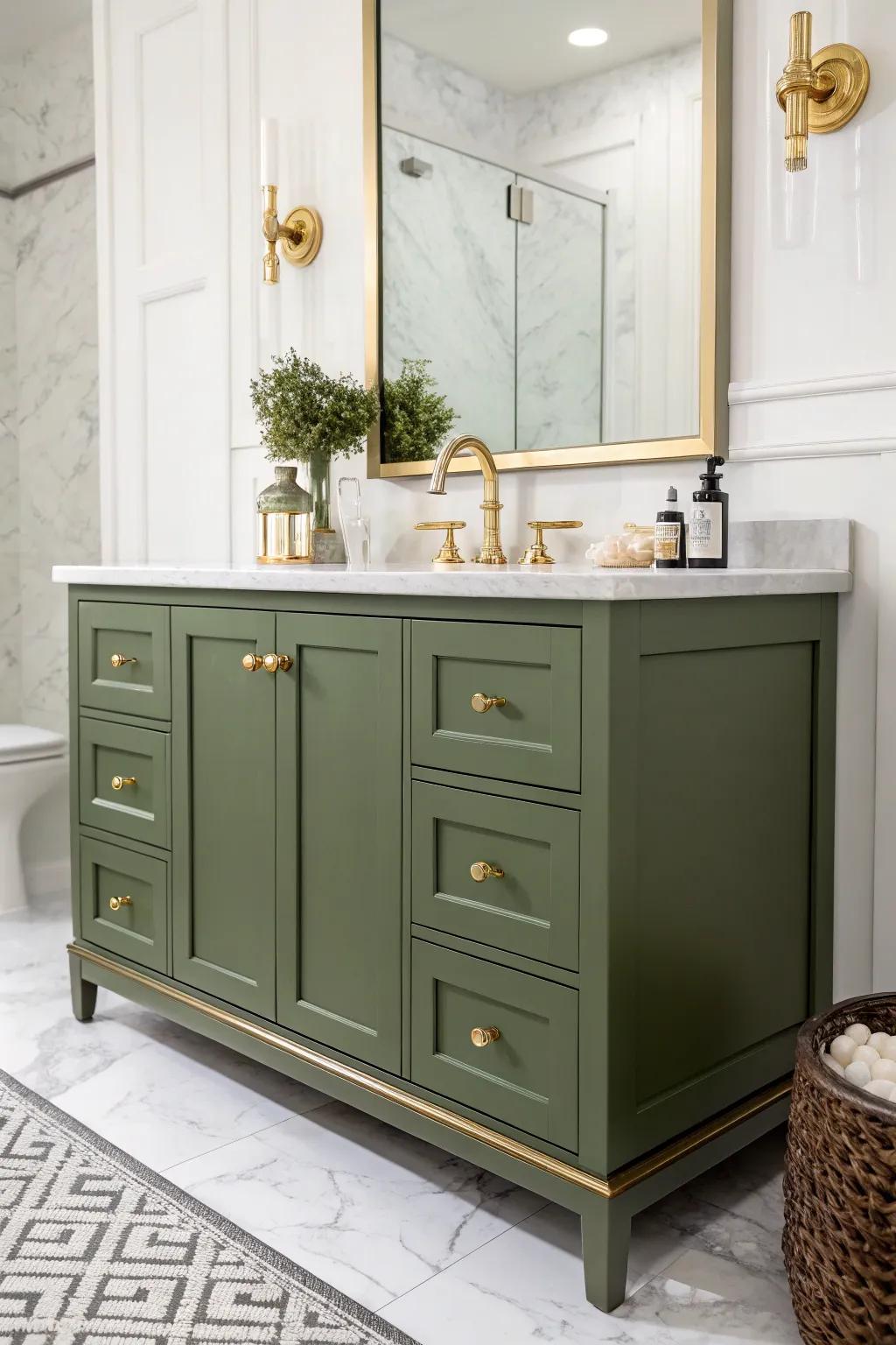 An olive-colored vanity introducing a sophisticated touch to the restroom.