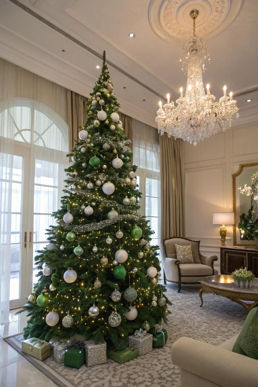 An elegant pairing of emerald and ivory on the Christmas tree.