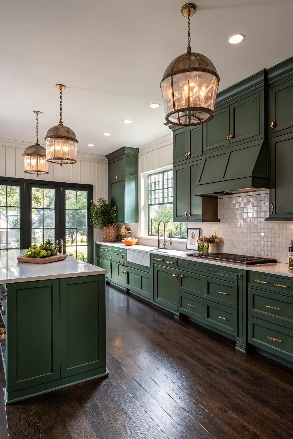 Woodland green cabinets fashion a rich and moody aesthetic.