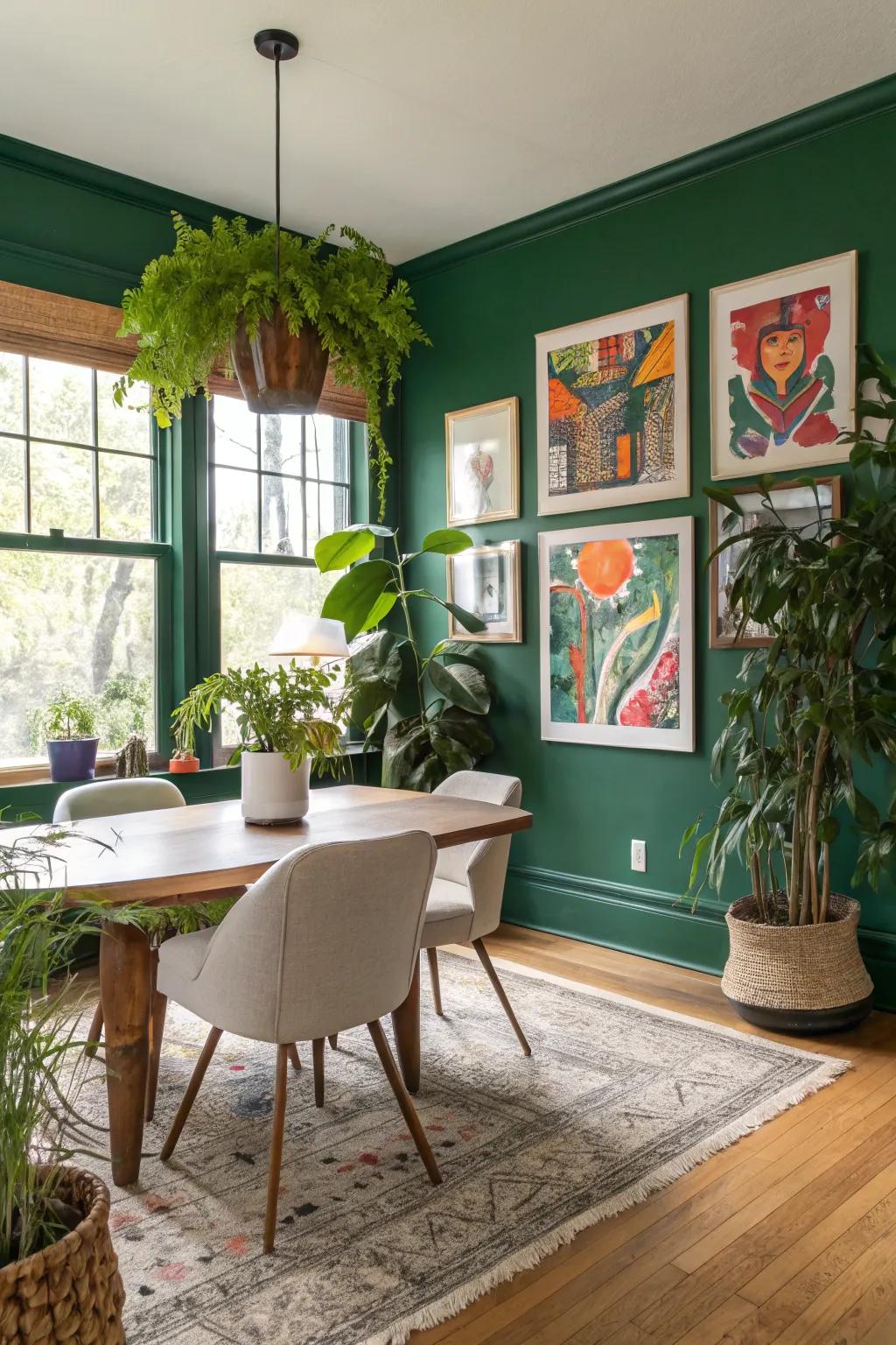 A dining space accentuated by a stunning green wall.