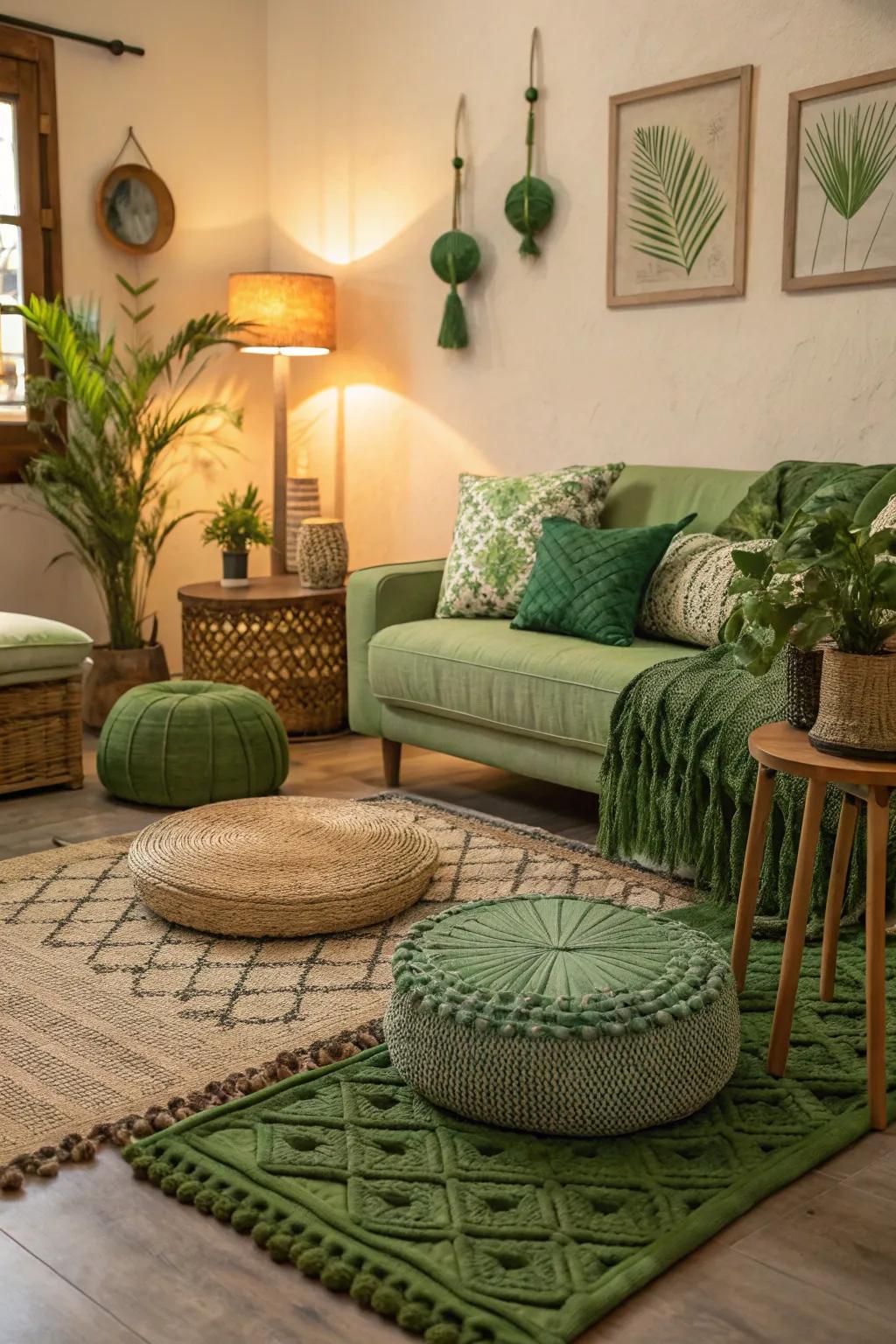 Textural decor enriches this green living area with depth and comfort.