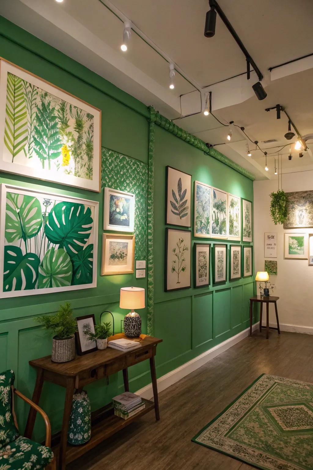 Green artwork inspired by nature enhances the harmony of the decor.