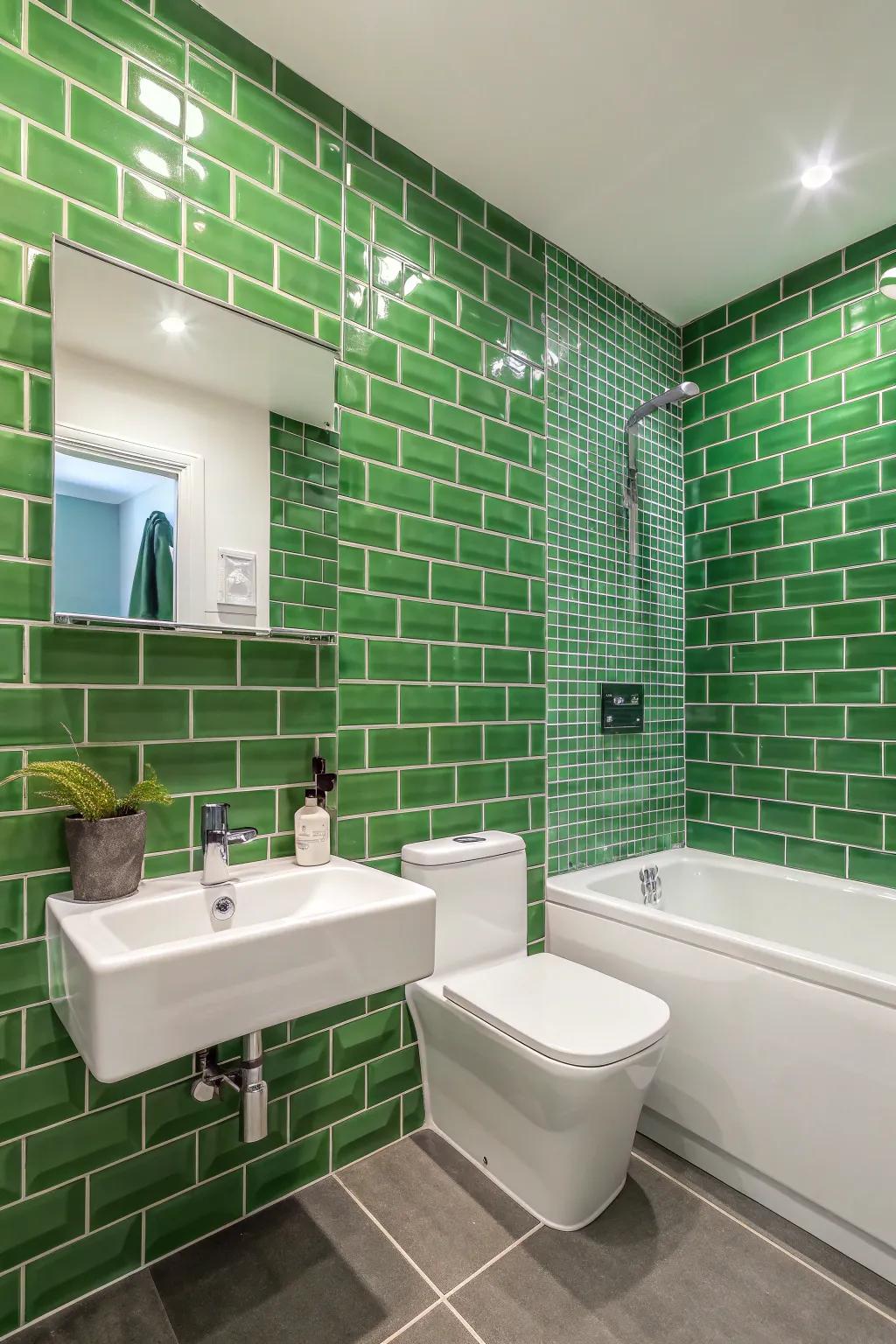 A green tile wall provides a striking point of focus.