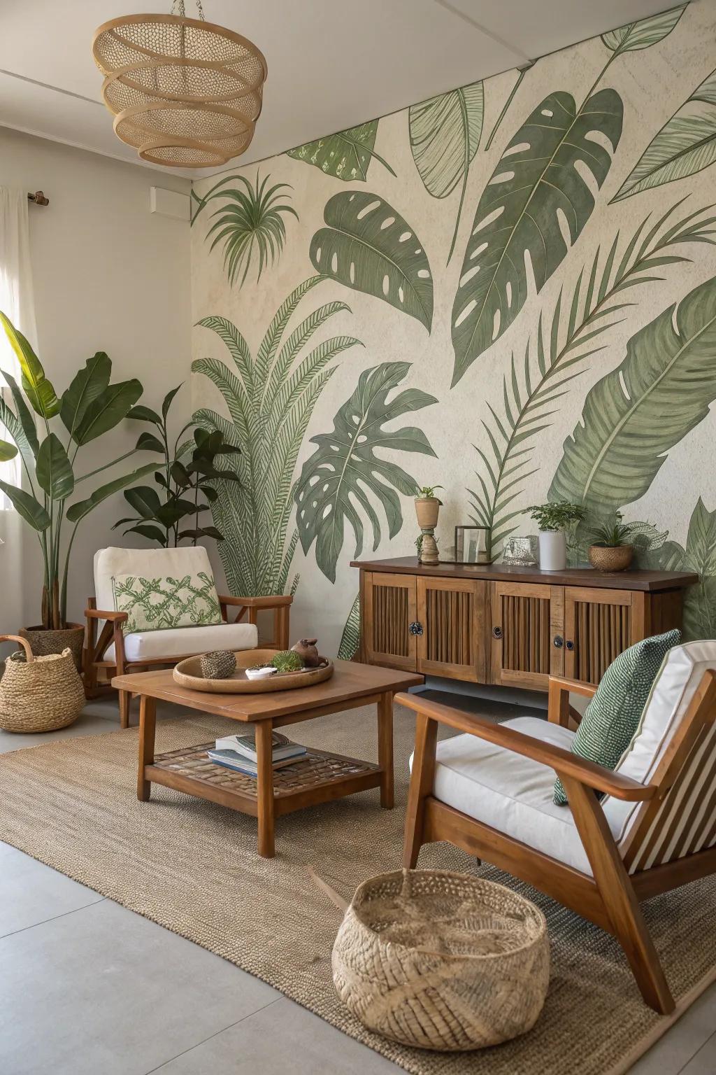 A verdant wall painting ushers nature indoors, forming a serene ambiance.