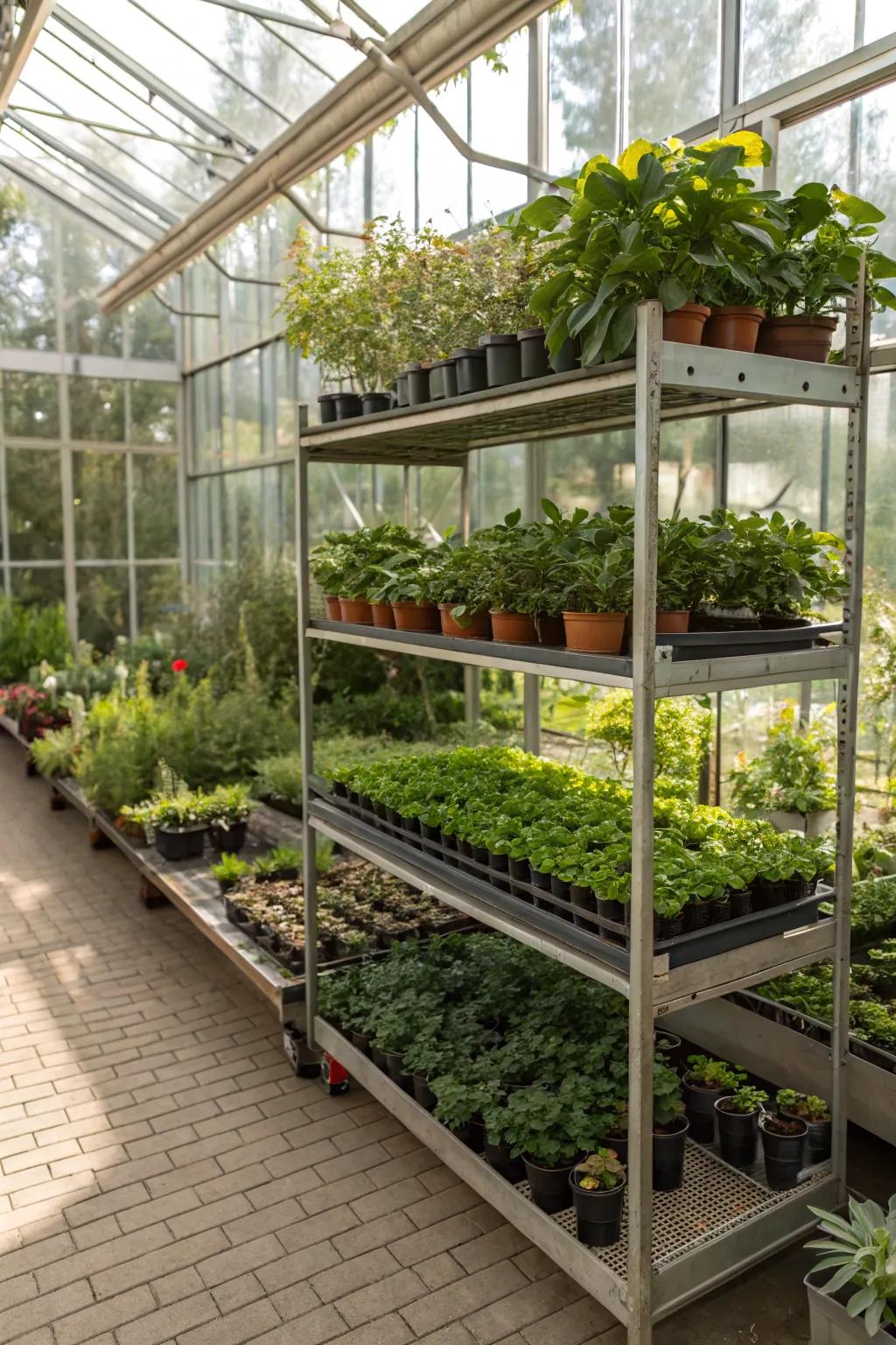 Step shelves in a greenhouse, showing a wide variety of plants.