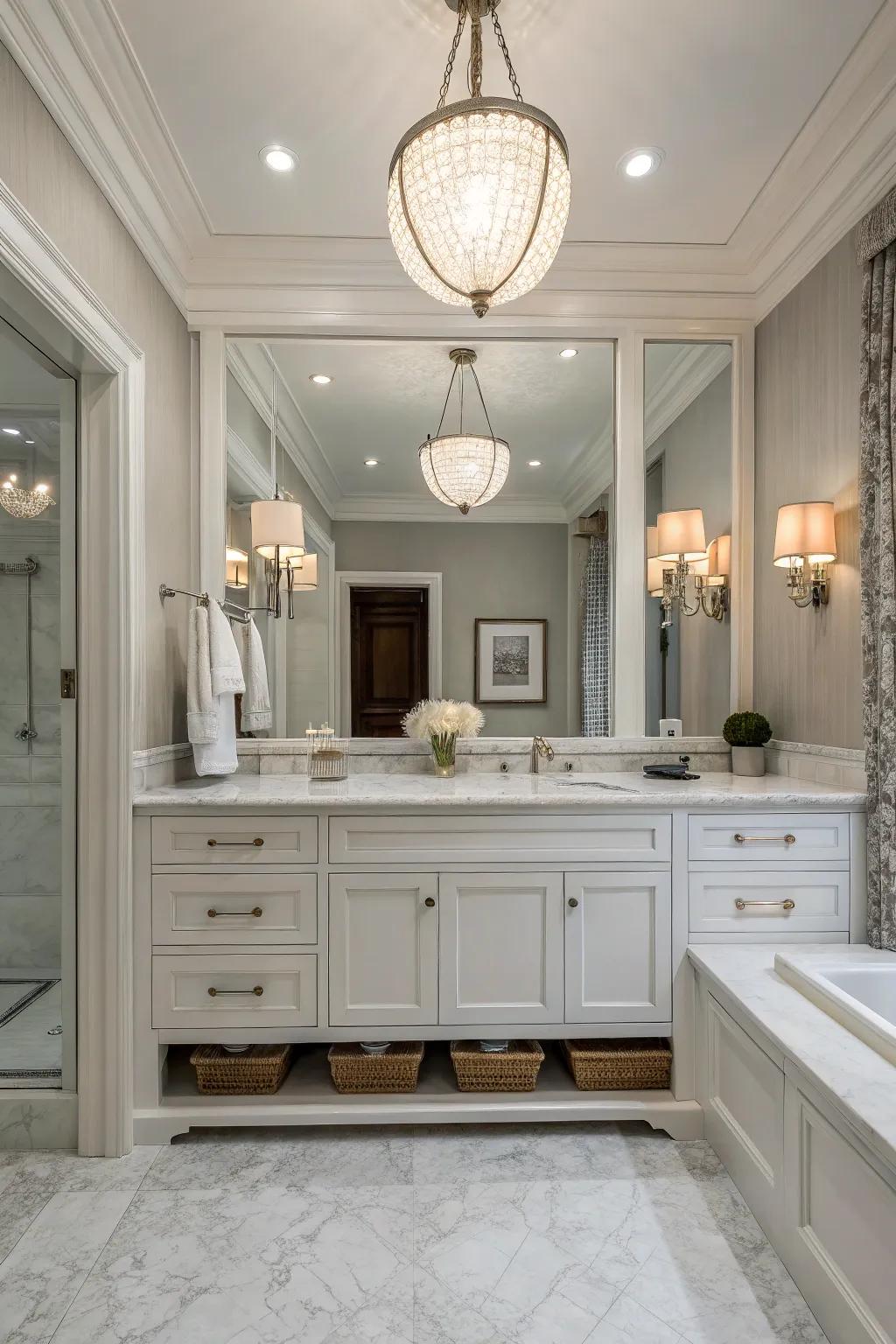 Mirrors with lighting add both style and functionality to the bathroom.