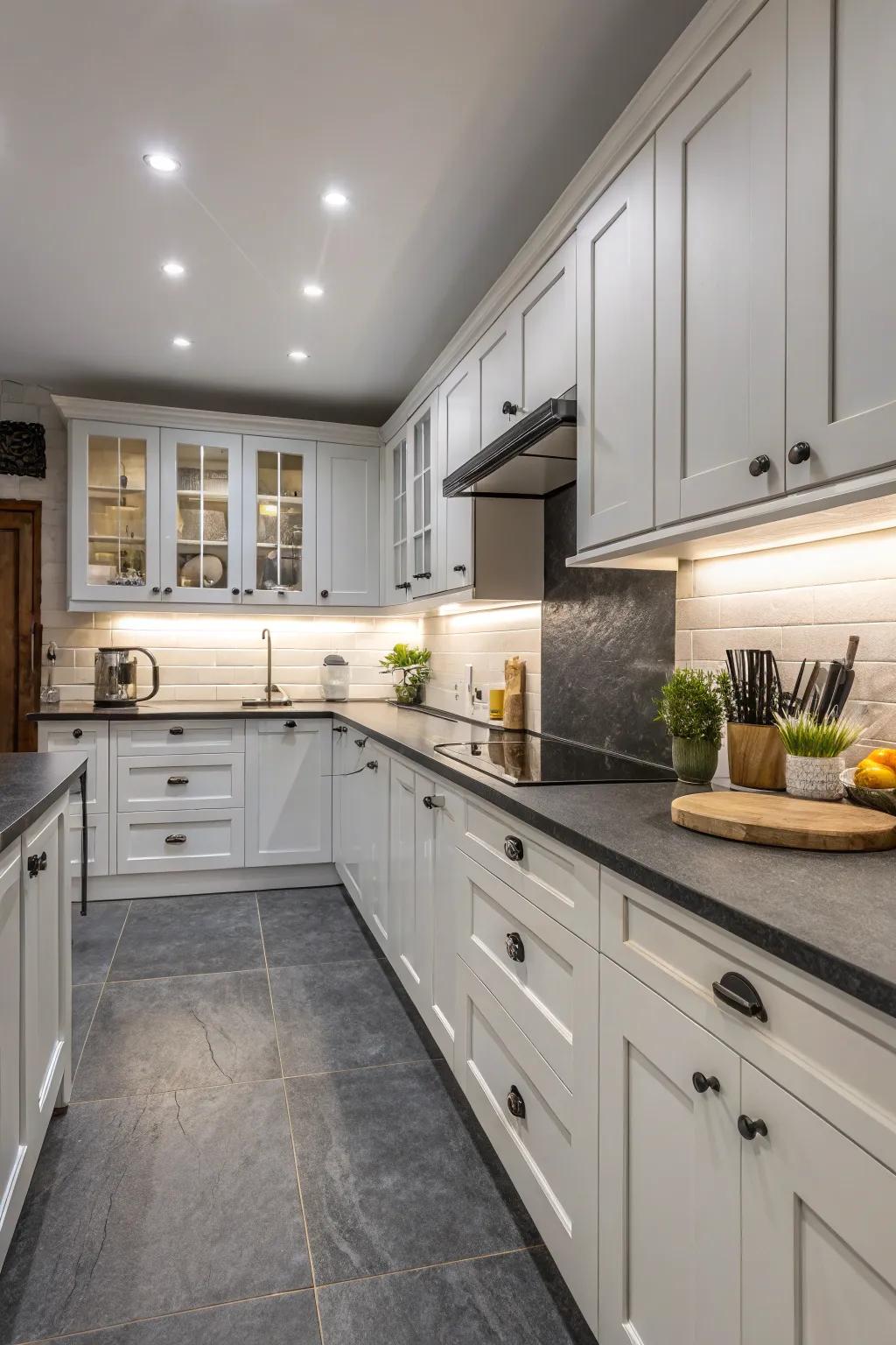 Contrasting countertops in a chic kitchen design