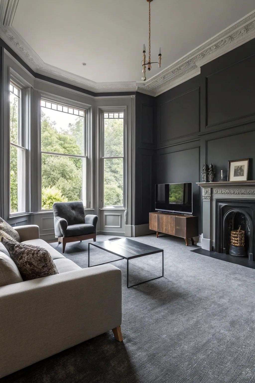 Carbon walls add drama and dimension to rooms with grey floor covering.