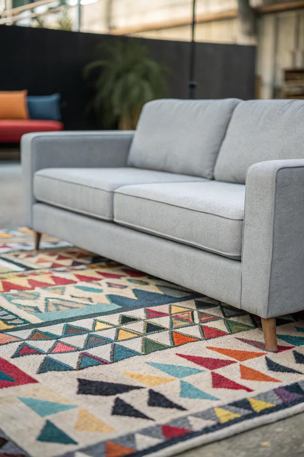 A gray sofa grounded by a striking patterned floor covering.
